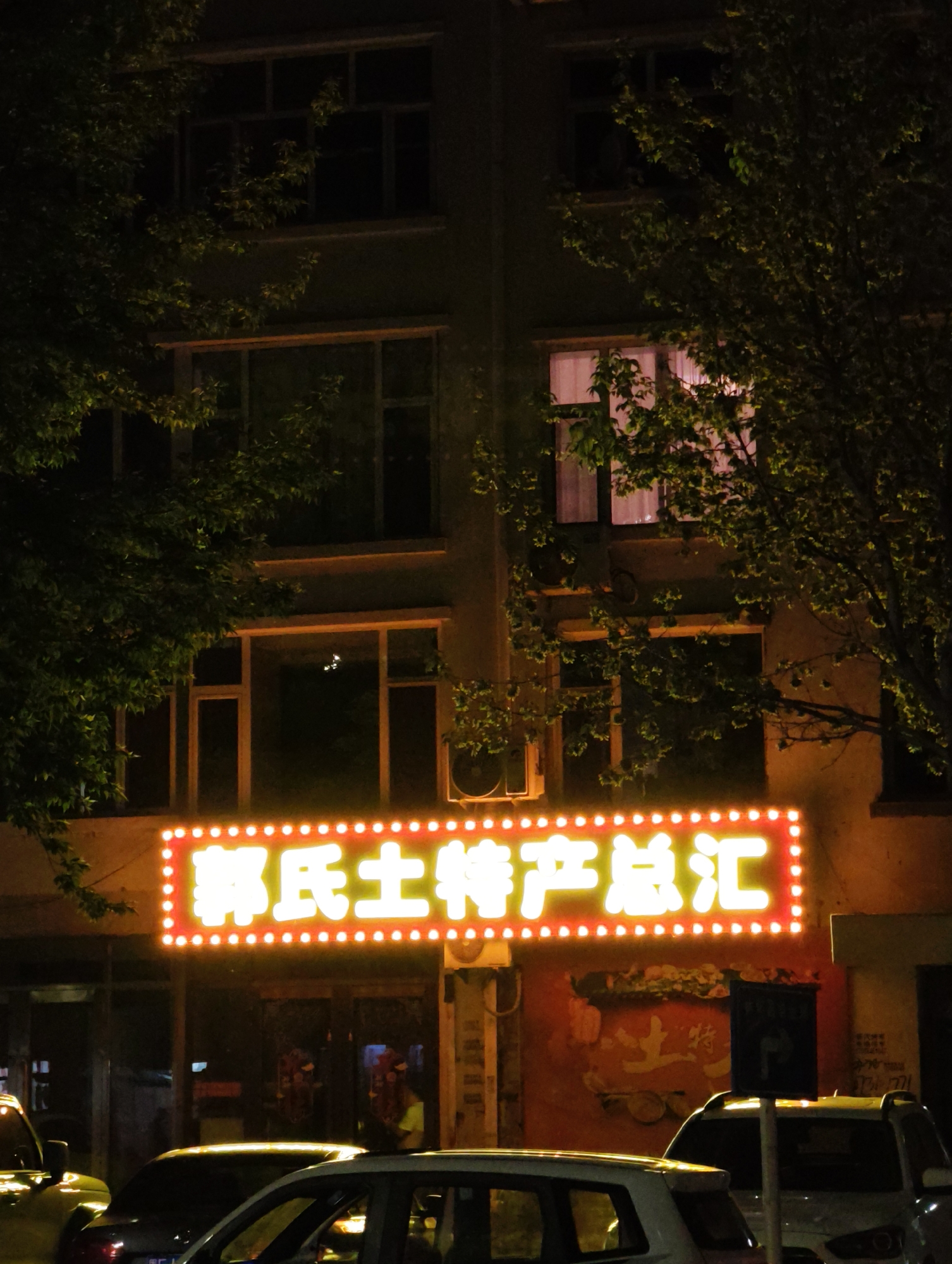 The image, taken at night in Lindian, China, captures the facade of a building illuminated by a prominent, bright yellow neon sign. The sign, outlined with red lights, displays Chinese characters that read "郭氏土特产总汇," translating to "Guo's Native Products Emporium." The building appears to be several stories high, with visible windows, some of which are illuminated from within, casting a soft pink glow. Trees with lush green foliage flank the building, their leaves catching the ambient light. In the foreground, several vehicles, including a yellow car and parts of white SUVs, are parked, their presence suggesting a street-level view. The overall scene is a street view at night, focusing on a business establishment with prominent signage.