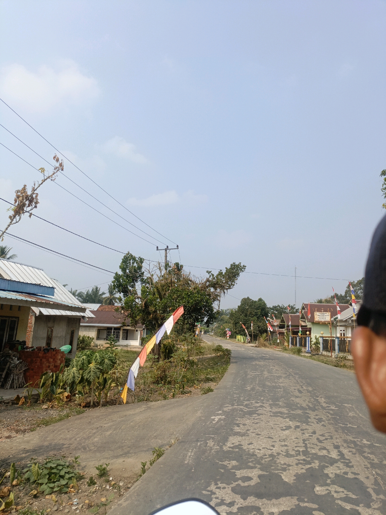 The image depicts a roadside view in Megang Sakti V, Indonesia, under a clear sky with sparse clouds. A paved road curves to the right, flanked by vegetation and residential buildings. On the left side of the road, a house with a corrugated metal roof and brick accents is visible, with stacks of firewood and plants in front. Further down the road, more houses with tiled roofs are seen, adorned with Indonesian flags. The environment is rural, with trees and plants dominating the landscape. The perspective suggests the photo was taken from a moving vehicle, possibly a motorcycle, with a blurry hand in the foreground on the right side.