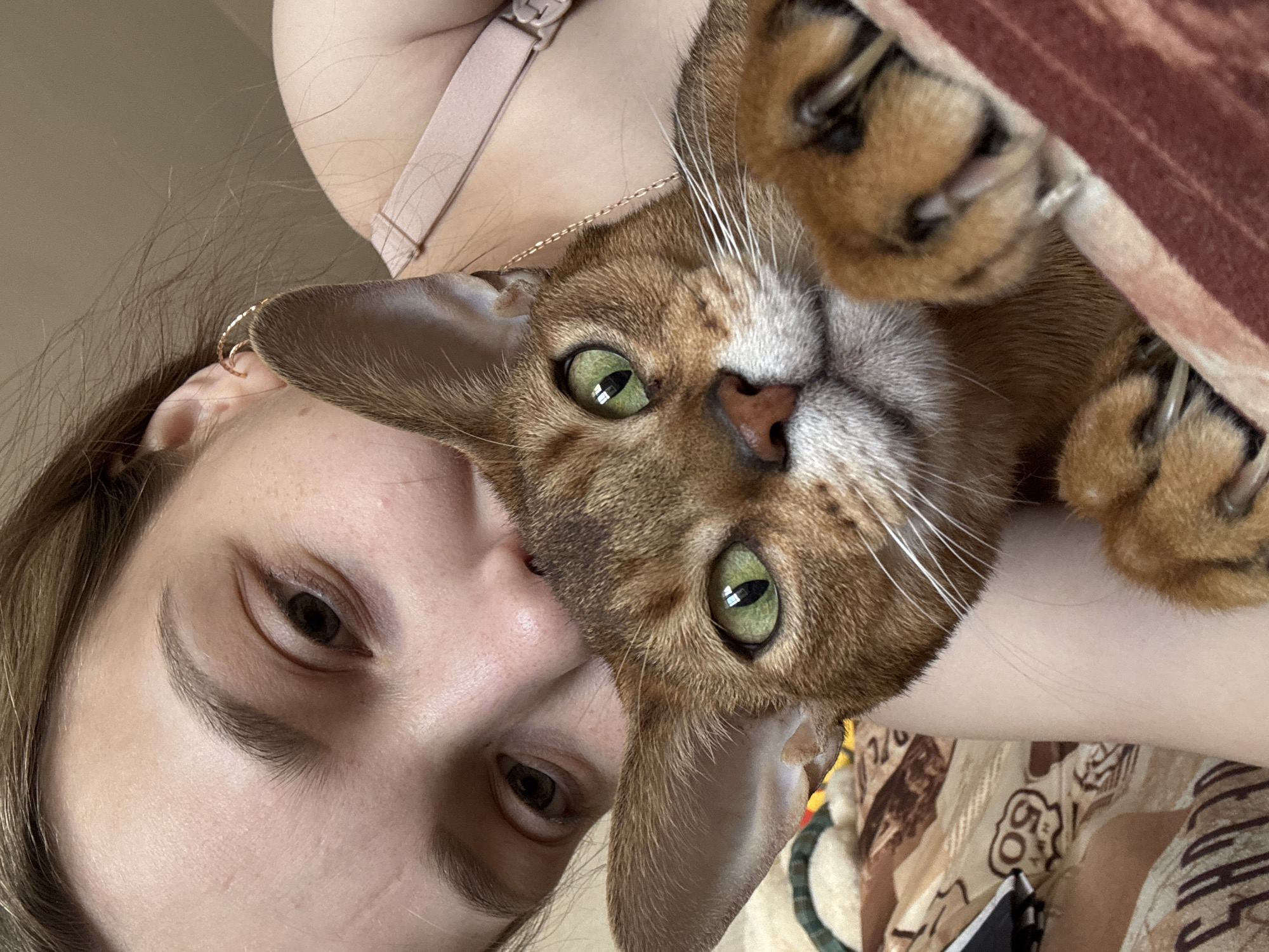 The image displays a close-up indoor scene featuring a young adult female and an Abyssinian cat in Chaikovsky, Russia. The female, positioned on the left and upper right, shows her right eye, forehead, and part of her right shoulder, which is adorned with a light pink brassiere strap, a thin gold chain, and a small gold hoop earring. She has light brown hair and a neutral expression. The cat, centrally located, is an Abyssinian breed with reddish-brown ticked fur, prominent green eyes looking directly at the viewer, and white whiskers. Its pink nose is visible. The cat's front paws are in the lower right, with claws partially extended. The female's face is positioned behind the cat's head, indicating proximity or an embrace. The background consists of a patterned light and dark brown blanket on the lower left, partially obscuring a green and yellow object, and a plain light brown wall or surface in the upper right.