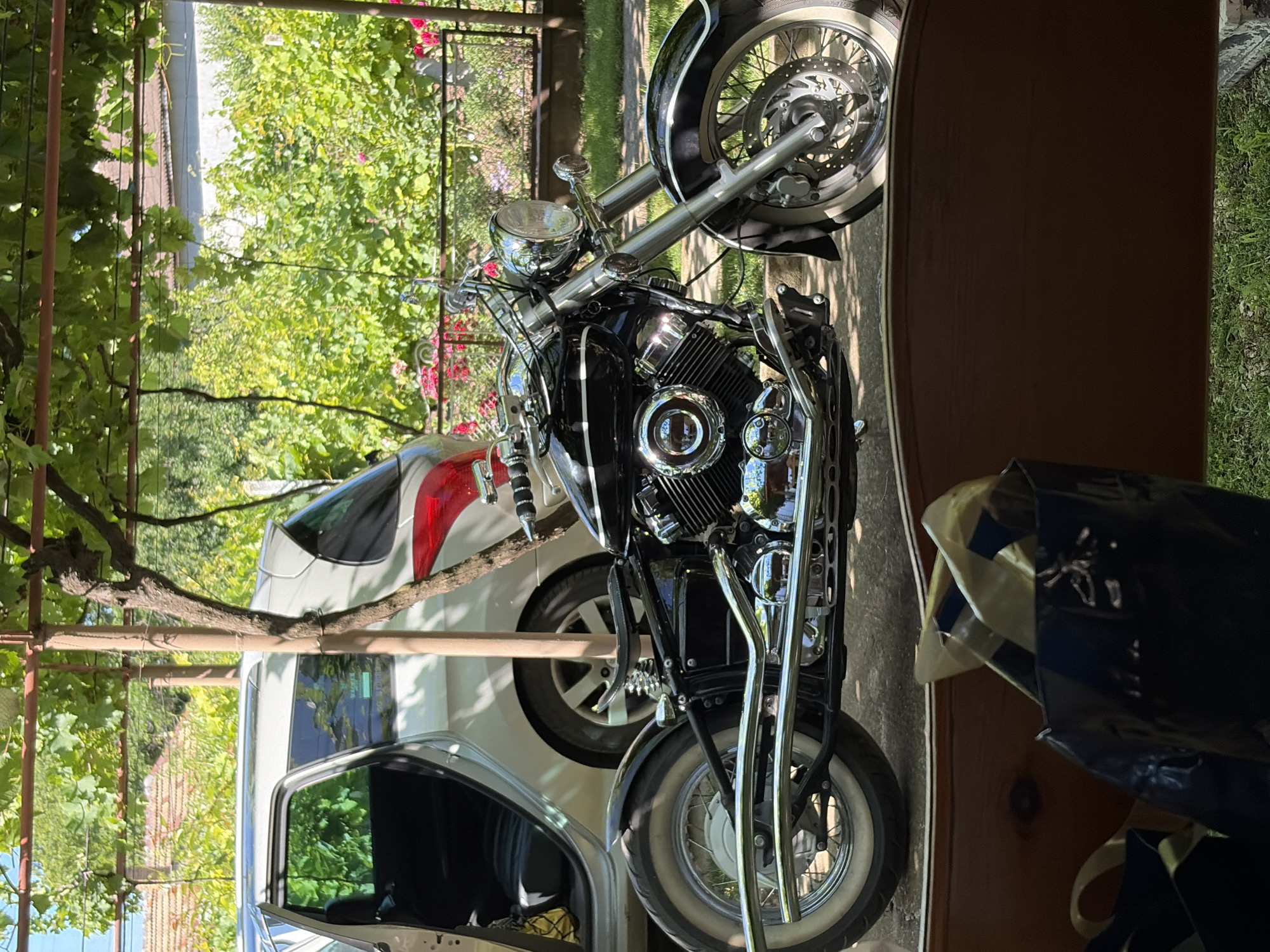 The image shows a black motorcycle parked outdoors, in what appears to be a residential backyard in Trastenik, Bulgaria. The motorcycle is positioned to the right of a silver car with its driver's side door open. The car is parked in front of a building with a white facade and a red-tiled roof, partially obscured by lush green foliage and grapevines overhead. The motorcycle features chrome accents, a black leather seat, and whitewall tires. In the foreground, a brown wooden bench is visible, with a dark blue bag and yellow and blue shopping bags resting on it. The overall scene suggests a sunny day in a rural or suburban setting. There are no people visible in the image.