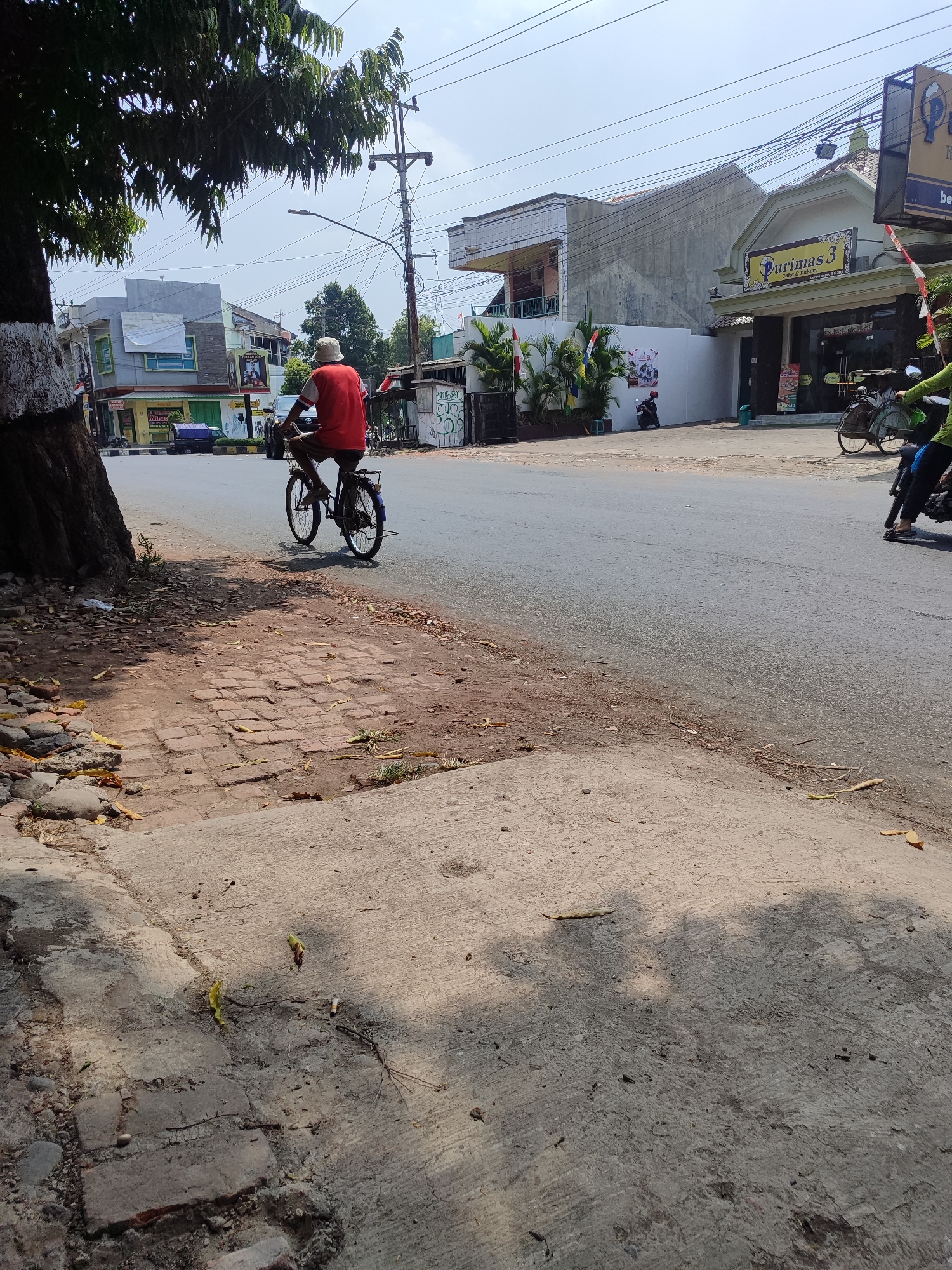 In the city of Kagok, Indonesia, a person is seen riding a bicycle on a paved road under a bright, overcast sky. The cyclist, wearing a red shirt and plaid shorts, faces away from the camera. The road is bordered by a brick pathway on the left, which transitions to a concrete surface. To the right of the road, commercial buildings line the street. One building, labeled "Purimas 3 Cake & Bakery," has a prominent sign. Several parked motorcycles and a scooter are visible in front of the businesses. A large tree with dark bark is positioned on the far left of the frame, casting shadows onto the ground. The overall scene depicts a typical urban streetscape in Indonesia during daylight hours.