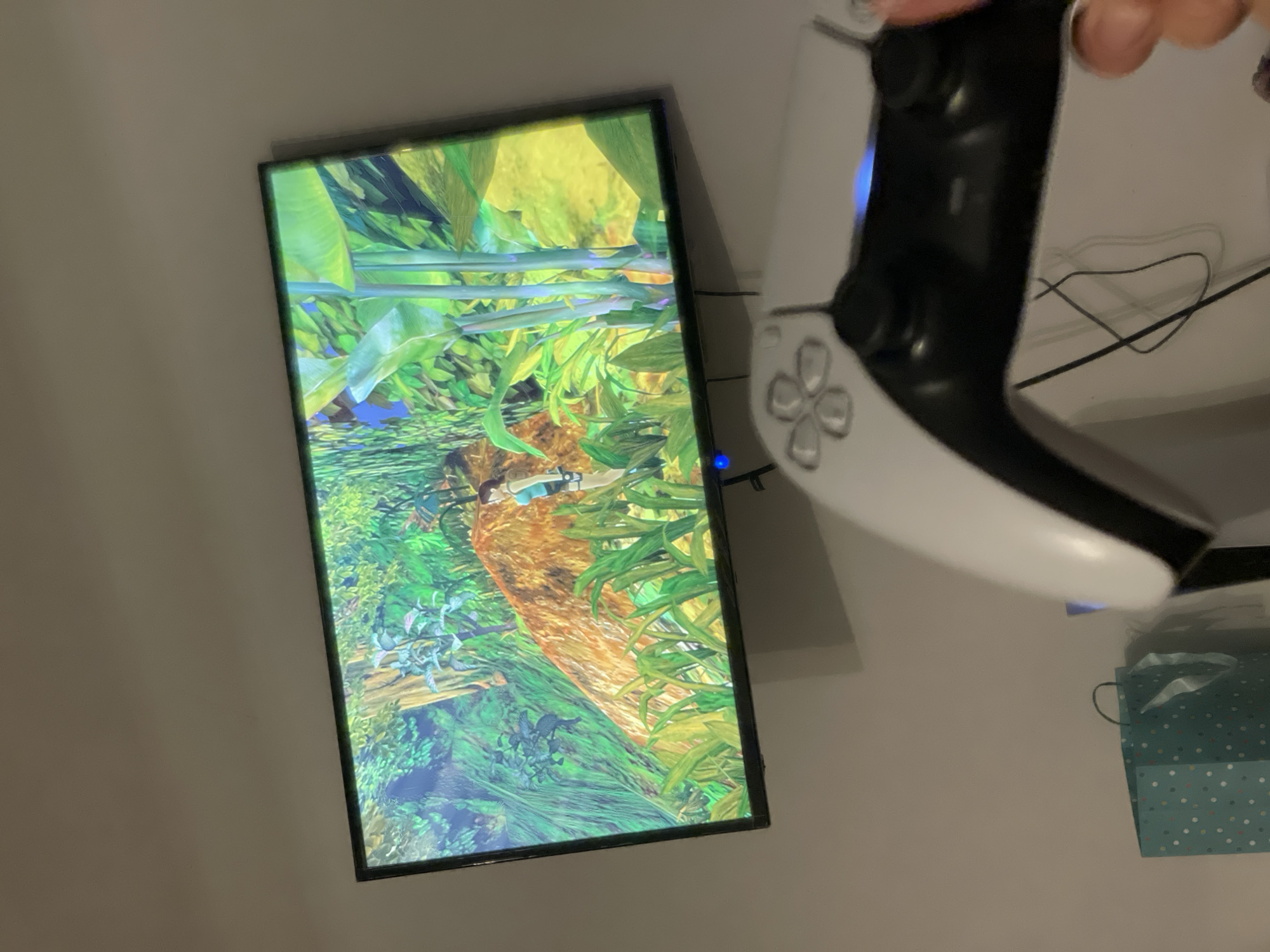 A television screen displays a jungle scene from a video game, with a female character resembling Lara Croft visible on the right side. In the foreground, a white and black video game controller is held by a person's hand, its blue indicator light illuminated. The television is mounted on a light-colored wall. To the left of the television, a teal gift bag with white polka dots is visible, resting on a surface. The scene depicts a domestic setting, likely a living room, where someone is playing a video game. The image does not provide any information about a specific location in Lisaura, Romania.