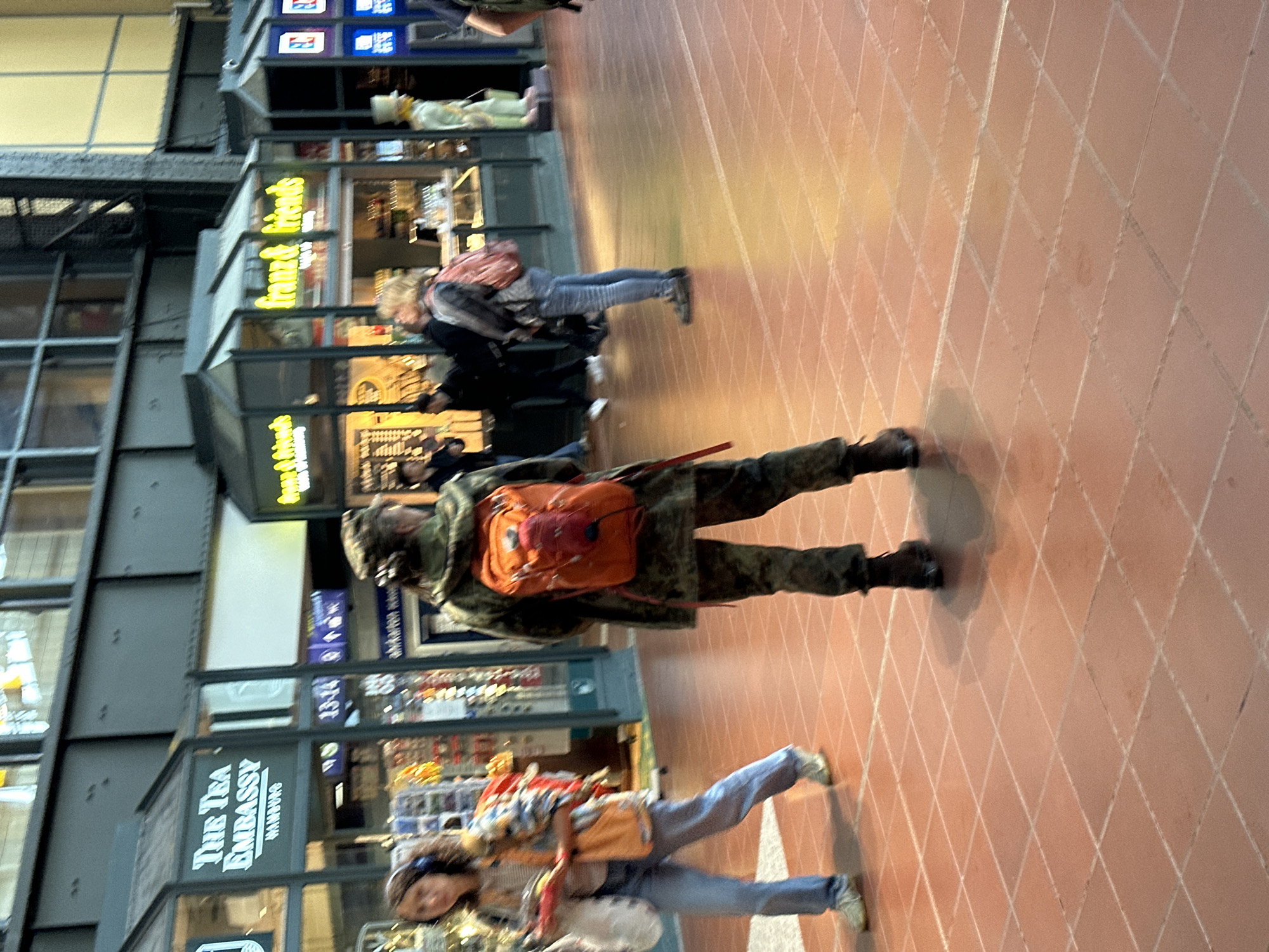 The image depicts an indoor public space, likely a train station or a large shopping area, characterized by a reddish-brown tiled floor with a diamond pattern. On the left side of the frame, there are multiple storefronts or booths with dark fascias and large glass windows, featuring various displays inside.
Several people are visible in the scene, walking or standing. In the foreground, a person wearing camouflage-patterned clothing and an orange backpack walks towards the left. Further ahead, another individual wears light blue jeans, a plaid shirt, and carries an orange/tan bag, possibly with headphones around their neck. In the midground, another person in jeans and a lighter top, also with a bag, is seen. Most figures are in motion, resulting in slight blurriness.
The activity taking place is people moving through the public corridor, suggesting commuting, shopping, or general transit. The lighting suggests daytime, with a mix of natural light from unseen sources and artificial indoor illumination.
Notable visible text includes "The Tea Embassy HAMBURG" on a dark store fascia, "Franz & Friends" in yellow lettering on another storefront, and the numbers "13-14" on a smaller sign. The presence of "Hamburg" confirms the provided location context. The overall atmosphere appears busy and functional, typical of a bustling public area.