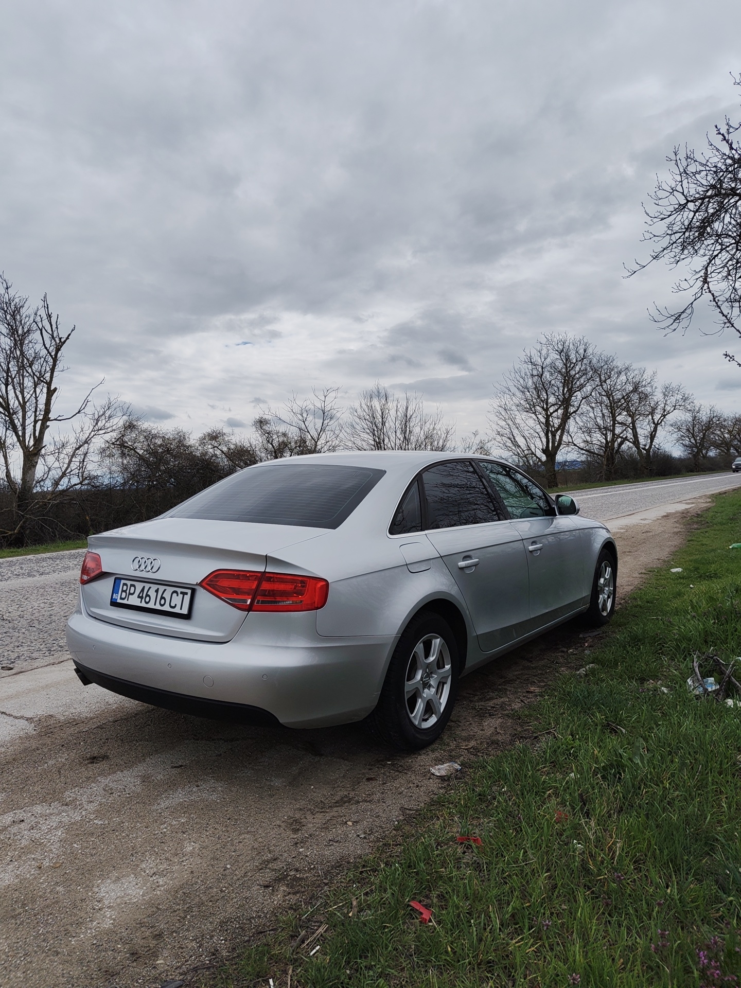 A silver Audi A4 sedan is parked on the shoulder of a road in what appears to be a rural area, possibly near Borovan, Bulgaria, judging by the Bulgarian license plate "BP 4616 CT". The vehicle is angled towards the viewer, showing the rear and right side. The road is asphalt, but it is cracked and deteriorating. The shoulder is a mix of dirt and grass, with some scattered trash visible. The sky is overcast with gray clouds. Bare trees line the roadside, characteristic of late fall or early spring. Another vehicle is visible in the far distance on the road.