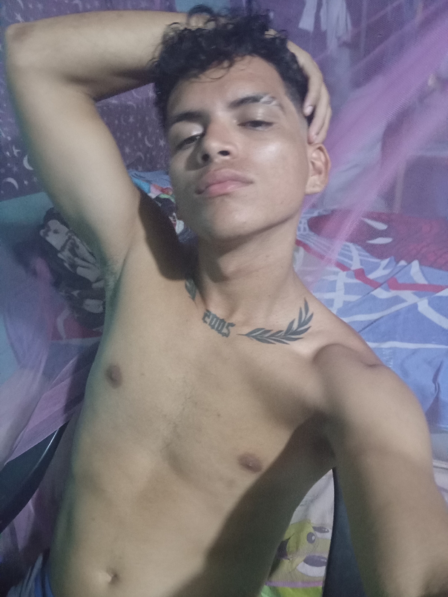 A shirtless young man is lying down. He has curly dark hair and a tattoo on his eyebrow. "2005" and a laurel-like image are tattooed on his chest. His right arm is raised above his head. A lavender mosquito net is behind him. The bedding is patterned. The background appears to be a bedroom. There is no clear indication that this image was taken in Altagracia, Venezuela.