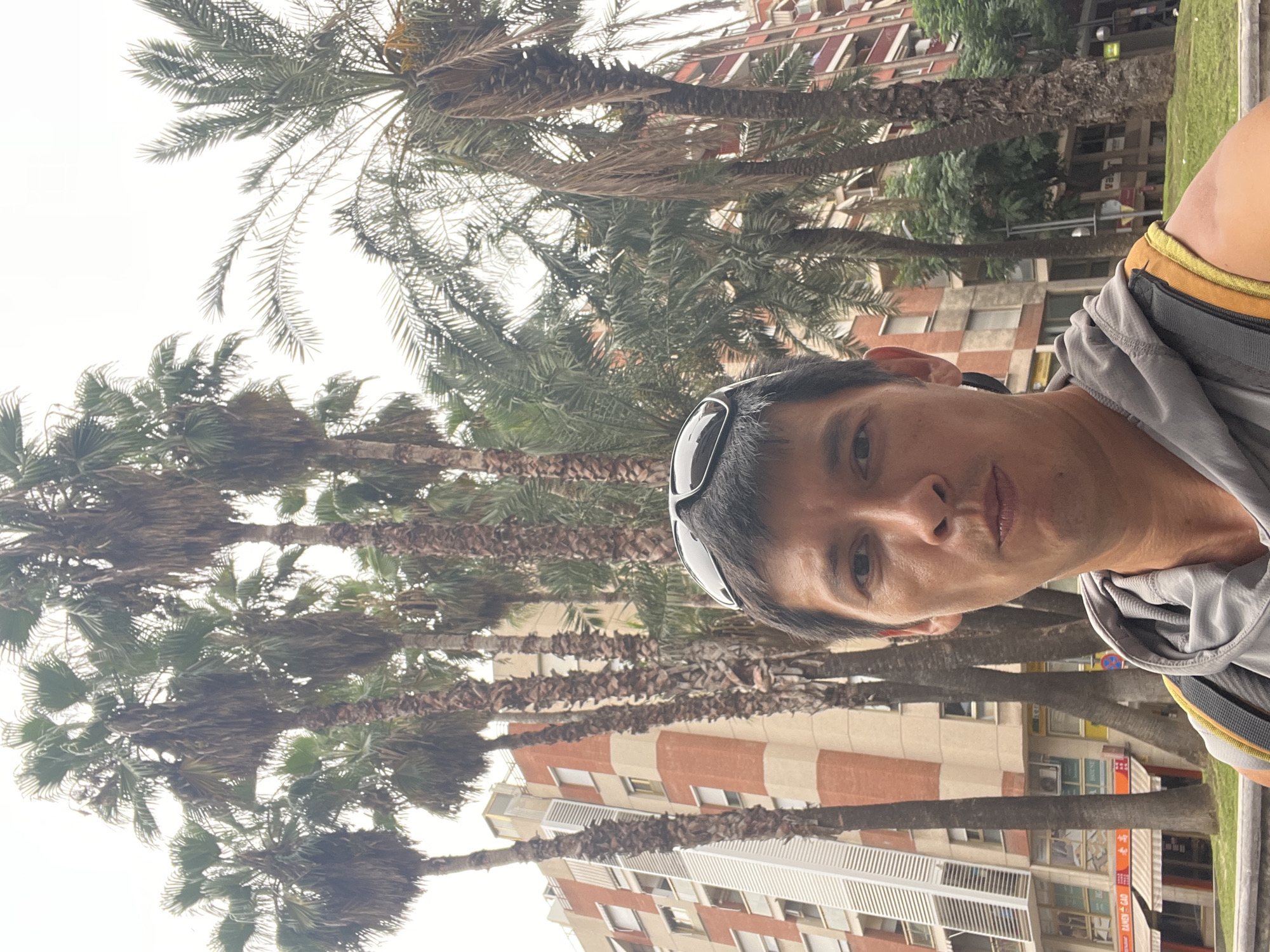 In a selfie-style shot, a man with short dark hair and sunglasses perched on his head looks directly at the camera. He is wearing a grey hooded jacket with yellow accents on the straps of a backpack he is carrying. Behind him, a row of tall palm trees dominates the scene, their fronds reaching towards an overcast sky. Beyond the trees, a multi-story building with orange and beige brickwork and white window frames is visible, along with other buildings that suggest an urban environment. Signs in a language that appears to be Spanish, possibly indicating shops or restaurants, are partially visible on the lower floors of the building. The presence of palm trees and the architectural style of the buildings strongly suggest the location is Tarragona, Spain.