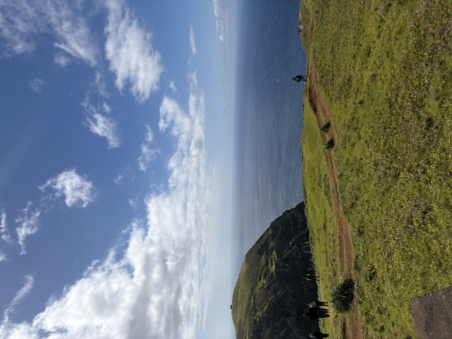 The image displays an expansive coastal landscape situated in the city of Calheta, Portugal, viewed from an elevated vantage point. The sky occupies the upper portion of the frame, featuring a clear blue expanse dotted with scattered white cumulus clouds. Below the sky, the deep blue Atlantic Ocean extends to the horizon, exhibiting a textured surface indicative of moderate choppiness.
In the mid-ground to the left, a prominent, verdant landmass slopes steeply down towards the ocean, forming a cliff. This landmass is covered in lush green vegetation, and a small, dark, rectangular structure is visible on its distant peak. The foreground and right mid-ground are characterized by a wide, undulating expanse of bright green grass interspersed with numerous small yellow flowers.
Two distinct reddish-brown dirt paths traverse the grassy terrain. One path curves from the lower center towards the right, while another is visible further right, closer to the cliff edge.
Several individuals are present within the scene. A group of approximately five people, dressed in dark clothing, is walking across the grassy slope in the mid-ground towards the left cliff edge. Further to the right, two individuals stand close together on the dirt path, facing the ocean, appearing to observe the view. Additional indistinct figures are visible in the far distance along the rightmost path. The environment suggests an outdoor recreational area, possibly a hiking trail or viewpoint, under daylight conditions.