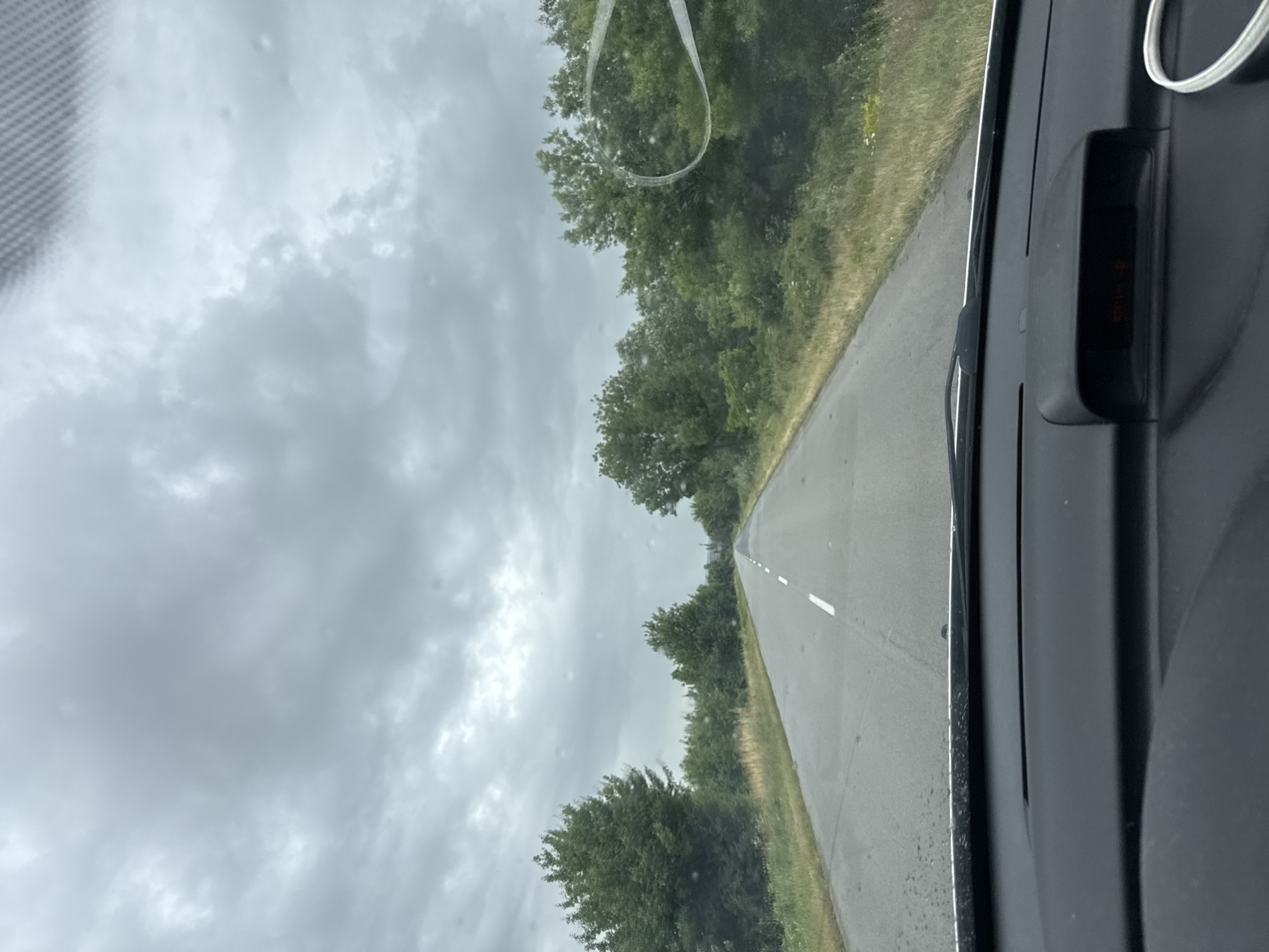 The image shows a view from the driver's seat of a car on a paved road. The road is wet, suggesting recent rain, and has a white dashed line down the center. On either side of the road are grassy verges and dense green trees. The sky is overcast with heavy grey clouds. The dashboard of the car is visible in the foreground, with a dark grey, textured surface and a small, dark rectangular housing with red digital text displaying "3002" in what appears to be Cyrillic. The context of Orizari, Bulgaria is implied by the vehicle's likely location.