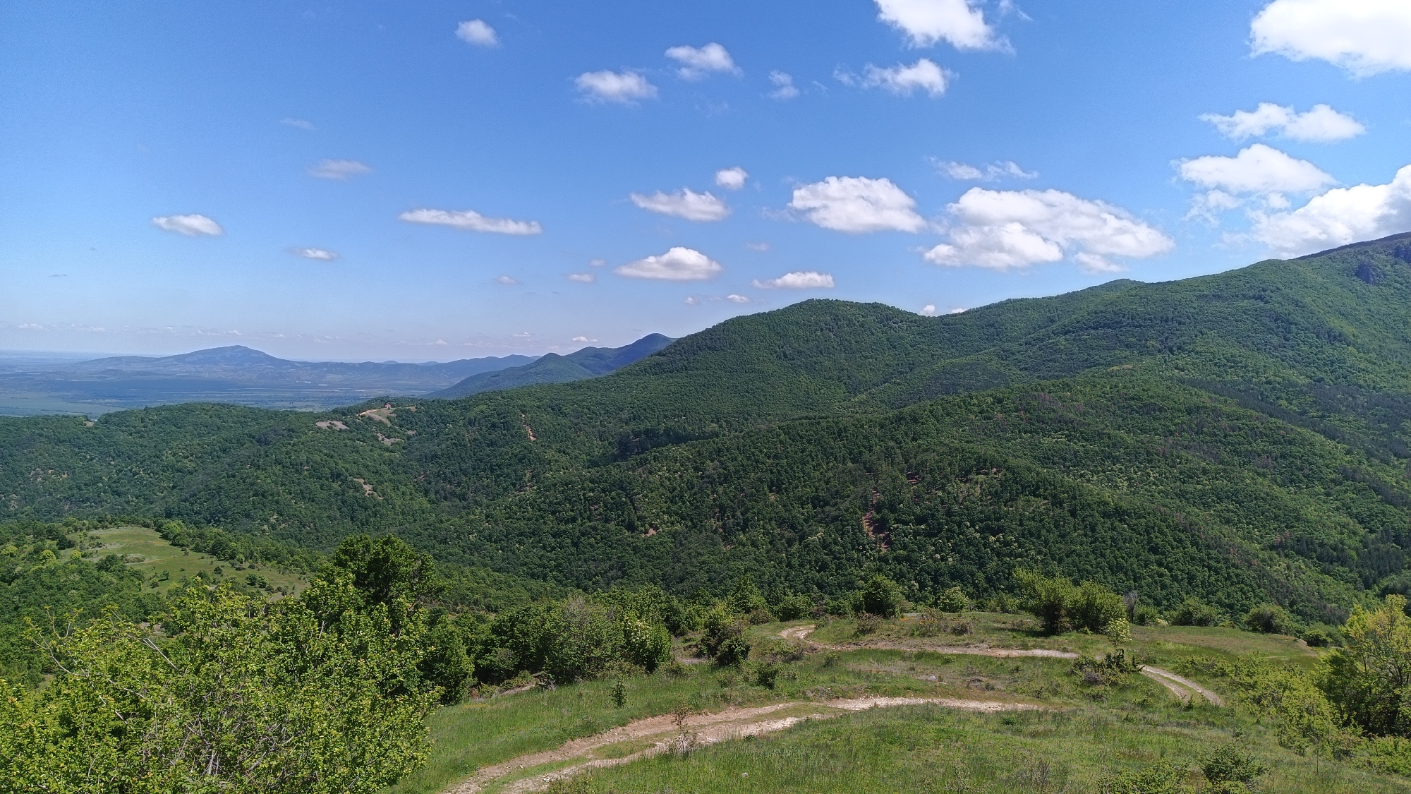 The image depicts a scenic landscape in the vicinity of Oreshets, Bulgaria. Undulating, forested hills dominate the scene, cascading from the upper right towards the lower left. The trees are predominantly green, suggesting a lush environment. A dirt path winds through the foreground, leading from the bottom center towards the mid-ground. The sky is a clear blue with scattered white clouds. In the distant background, flatlands or low-lying areas can be observed, framed by a further distant mountain range on the horizon. There are no visible people or animals in the scene.