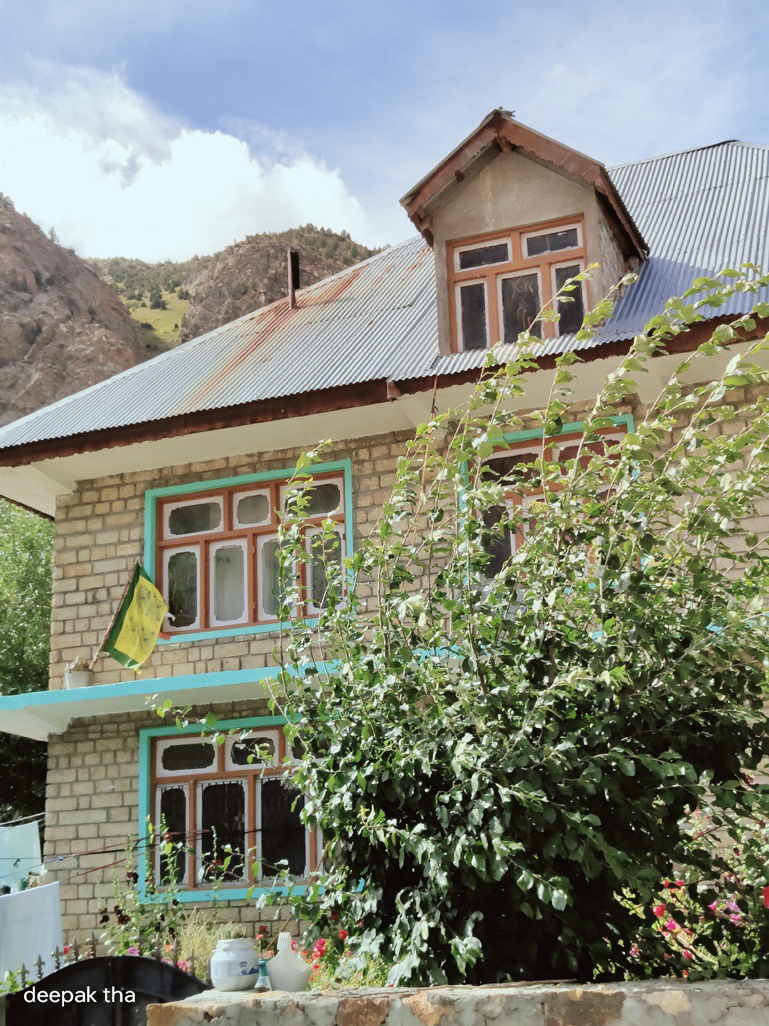 The image depicts a two-story house constructed with light-colored bricks, featuring prominent wooden-framed windows with turquoise trim. The roof is made of corrugated metal, and a dormer window is visible on the upper section of the house. A yellow and green flag is attached to the exterior wall below the upper-left window. In the foreground, a dense bush with green leaves obscures part of the lower floor and some flowering plants are visible at the base of the house. The background reveals a mountainous landscape with rocky slopes and patches of greenery under a partly cloudy sky. The location is identified as Gemur, India, as indicated by the watermark "deepak tha" in the lower left corner.