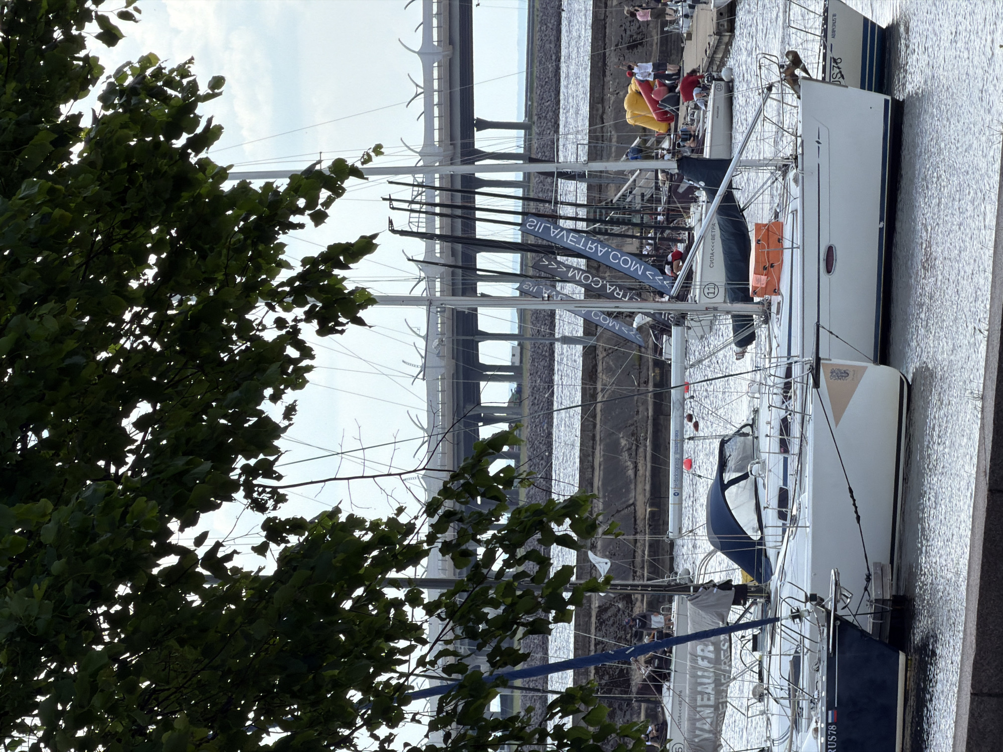 The image depicts a marina scene in Saint Petersburg, Russia, characterized by the prominent Western High-Speed Diameter (WHSD) bridge in the background and boats bearing "RUS 78" registration. A large tree branch with dark green leaves partially obscures the upper left portion of the frame, casting shadows. Below this, numerous sailboats are moored in calm, rippled water.
In the foreground, a dark blue sailboat with "RUS 78" on its stern is visible on the left. Adjacent to it, a large white sailboat features a dark blue canopy (bimini) and a light tan/gold graphic near its bow. Other sailboats, predominantly white, are docked further along, displaying various mast configurations, some with banners (e.g., reversed text "MOS.АРТЯХАLIZ" and "SILVERTRADE.COM") and one with "СИЛА <<ВЕТРА>>" (Power of Wind) visible on its hull. Several individuals are present on the boats and on a concrete pier in the mid-ground. They are casually dressed, standing or moving near the vessels. On the pier, distinct yellow and red inflatable objects, possibly buoys or fenders, are stacked.
Beyond the pier and the immediate boats, a stretch of open water separates the marina from a distant, low-lying embankment. Spanning the entire background is the distinctive structure of the Western High-Speed Diameter bridge, with its multiple grey pylons and sections, suggesting its modern, cable-stayed design. The sky is largely overcast with scattered white clouds, providing diffused lighting for the scene. The overall environment suggests a leisure or event setting at a yacht club or marina.