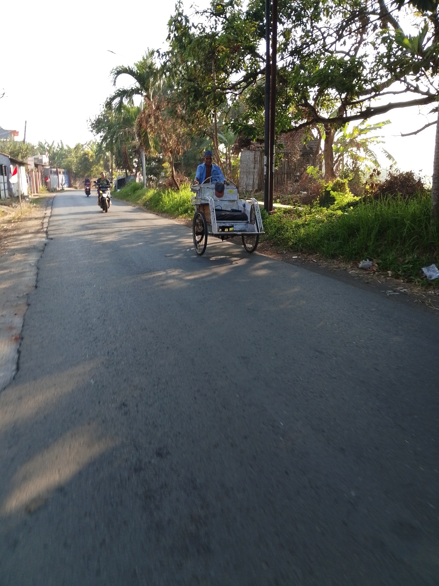 A man wearing a blue shirt and a blue head covering is operating a three-wheeled vehicle, possibly a pedicab or rickshaw, on a paved road. The vehicle has a covered passenger area and two large rear wheels. The man is looking forward. In the background, there are trees and vegetation. On the left side of the road, there are some buildings, one of which has an Indonesian flag displayed. Two motorcycles are also visible on the road, one behind the other, with riders on them. The scene appears to be in Karang Pandan, Indonesia, given the context provided. The road is asphalt with some cracks and shadows. The lighting suggests it is daytime, possibly late afternoon or early morning.