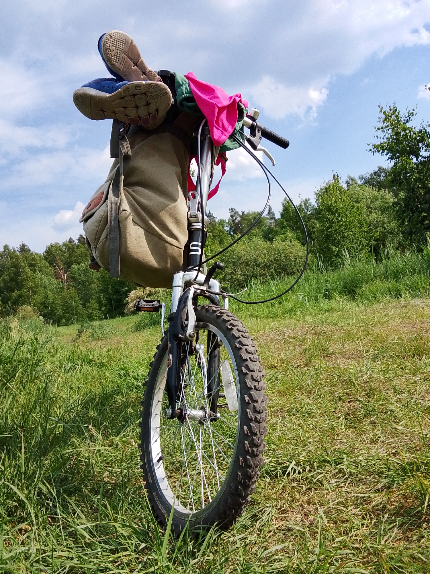 The image shows a close-up of the front of a bicycle parked in a grassy field under a cloudy blue sky. The bicycle has a tan canvas bag hanging from the handlebars, and a pink garment is draped over the bag. Two pairs of athletic shoes are resting on top of the bag, with their soles facing outward. The foreground is dominated by tall green grass, with a dense line of trees visible in the background. The lighting suggests it is daytime, and the scene appears to be in a rural or park-like setting. There is no indication of the city of Snopok Novyi, Russia in the image.