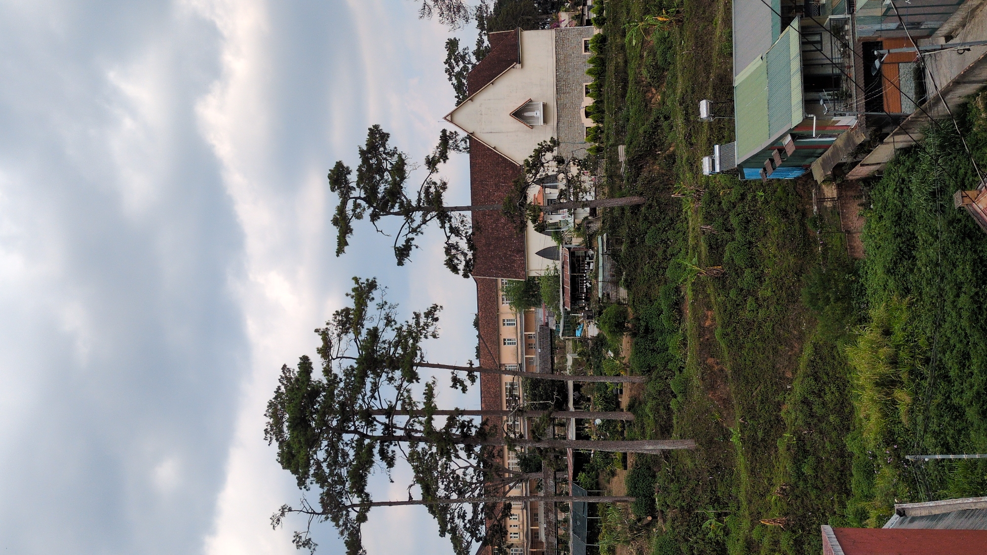 The image depicts a landscape in Cam Ly - Đà Lạt, Vietnam. Several tall pine trees stand in the foreground, partially obscuring a view of buildings nestled on a hillside. The buildings exhibit a variety of architectural styles, including structures with white walls, brown tiled roofs, and one with a green metal roof. The hillside is covered in lush vegetation. The sky is filled with clouds.