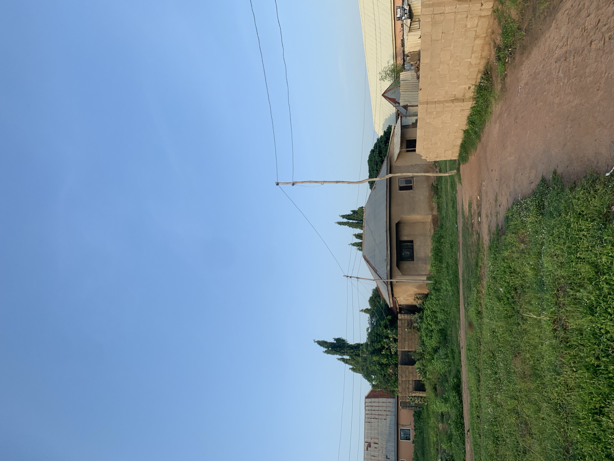 The image depicts an outdoor scene in Jalingo, Nigeria, characterized by a dusty dirt path leading towards a cluster of modest houses under a clear, light blue sky. The path is flanked on the right by a roughly constructed brick wall. To the left of the path, a patch of green grass is visible, interspersed with small white flowers.
In the mid-ground, a single-story house with a corrugated metal roof and light-colored walls stands prominently. It has a dark-framed window and a smaller adjacent structure with a similar roof. Behind this house, several tall, slender trees with dense green foliage rise against the sky, their distinctive shape suggesting they might be cypress or similar species. To the left of these trees, another house with a weathered, silver corrugated metal roof and an orange-toned wall is partially visible, featuring a dark window. Further to the right, a larger building with a long, light-colored corrugated metal roof is seen, possibly a commercial or industrial structure.
A wooden utility pole with at least two wires stretching across the frame stands in front of the central house. The overall environment suggests a residential area within a town or city, with a mix of dwellings and vegetation. The lighting indicates it is likely daytime, possibly late afternoon or early morning given the soft light. There are no people visible in the image, and no overt actions or interactions are taking place. The scene is quiet and still.