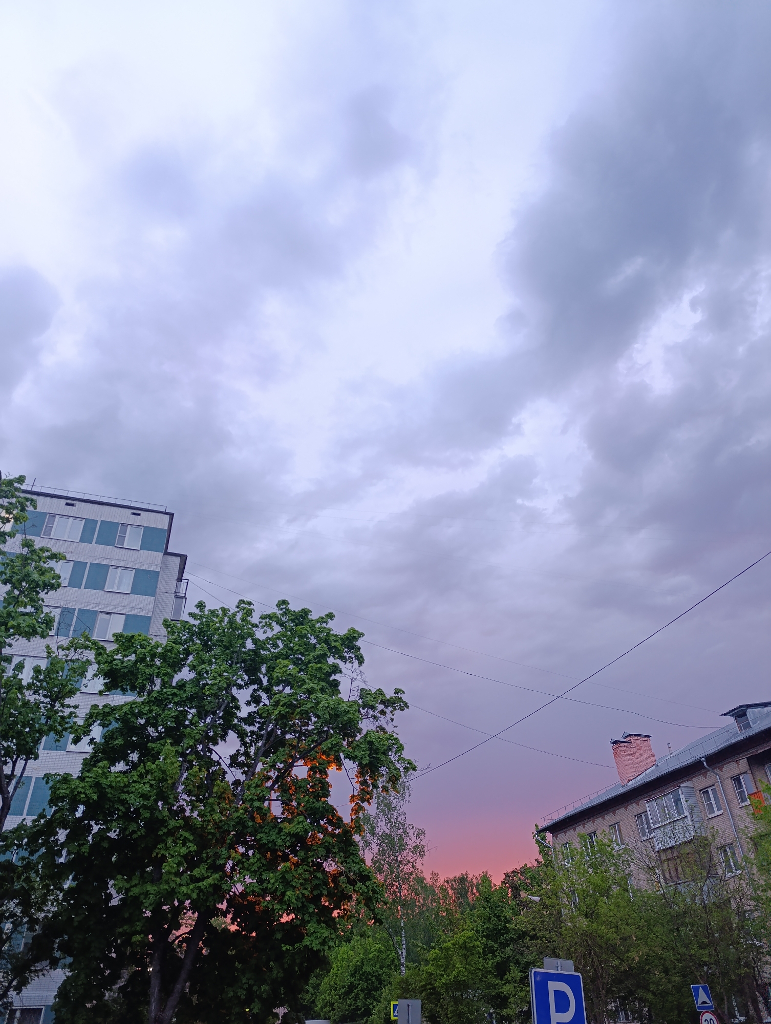 The image is a low-angle shot capturing an urban scene at dusk or dawn. Dominating the top two-thirds of the image is a sky filled with gray and white clouds, with a faint pinkish hue peeking through the horizon.
On the left side, a multi-story building with a light facade and blue accents is partially visible, framed by lush green trees. These trees, along with other greenery, occupy the middle ground. On the right, another brick building with a chimney stands adjacent to a group of trees. Street signs with blue lettering are visible in the foreground. Thin power lines cut across the sky.