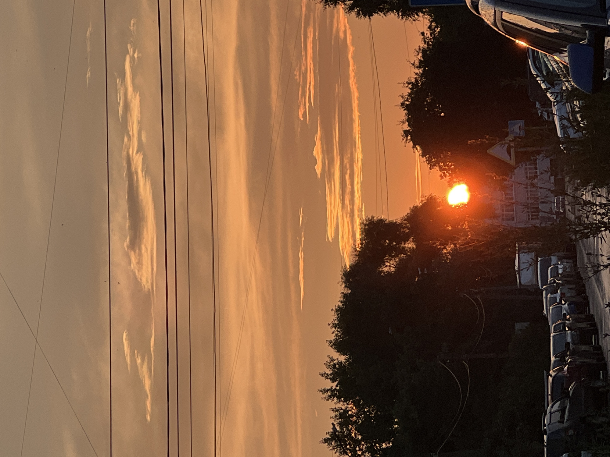 The image depicts a sunset in Chaikovsky, Russia. The sky is a vibrant orange, with scattered clouds illuminated by the setting sun. Several power lines crisscross the sky. In the foreground, a line of cars is parked along a street lined with trees. The trees are dark silhouettes against the bright sky, and the sun is partially obscured by foliage. Buildings are visible behind the trees. The overall scene conveys a peaceful, end-of-day atmosphere.