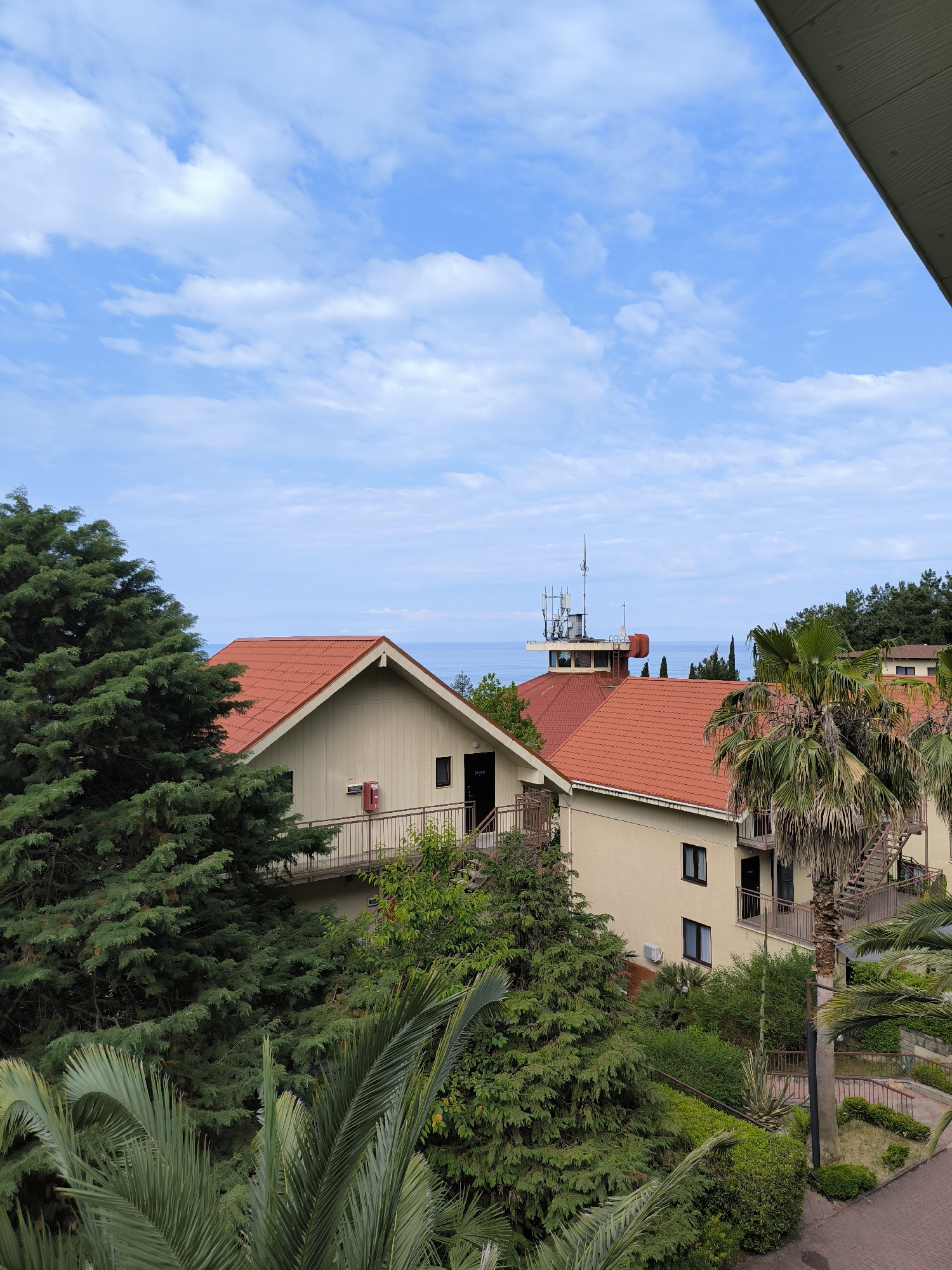The image shows a view of buildings with red roofs amidst lush green vegetation and palm trees, with the sea visible in the distance under a partly cloudy blue sky. In the foreground, large palm fronds partially obscure the view. Behind the foliage, there are tan-colored buildings with multiple windows and balconies. One building in the center has a prominent red roof and a fire extinguisher mounted on its exterior wall. Another building to the right also features a red roof and an external staircase. A smaller structure on the left has a similar red roof and a railing. In the background, a taller structure with a red roof and antennas on top is visible. The sea forms a horizon line between the sky and the distant treeline. The overall scene suggests a coastal resort or residential area with abundant greenery.