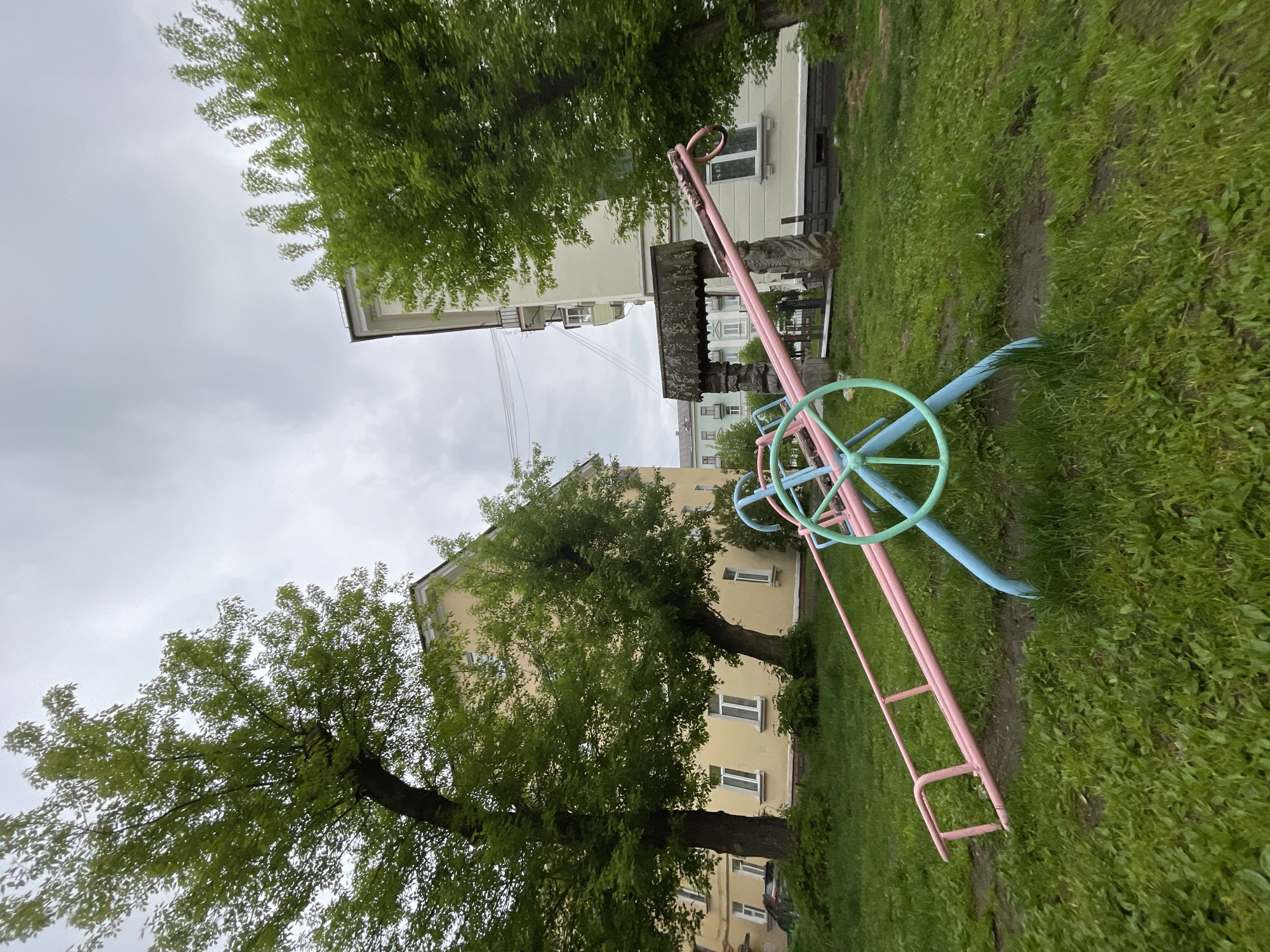 The image depicts a playground in Zheleznogorsk, Russia, featuring a pink and blue metal carousel on a green lawn. Buildings are visible in the background, partially obscured by trees. The sky is overcast. There are no people visible in the frame.