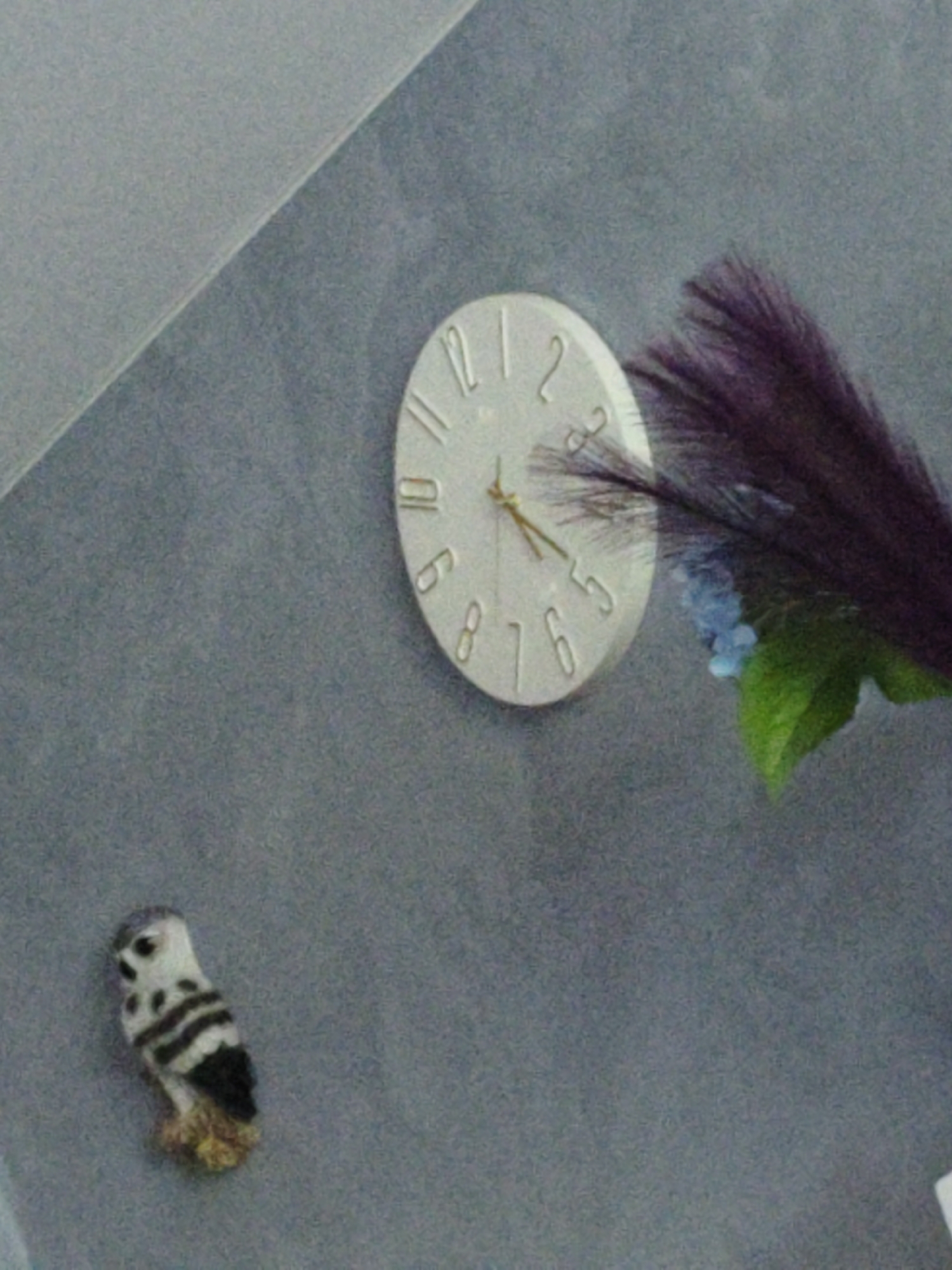 This is a photograph of a wall in a room, possibly a home in Shimanovsk, Russia. On the wall, a round, white clock with Arabic numerals is mounted. A small, decorative owl figurine with black and white markings sits on the wall below and to the left of the clock. To the right of the clock, a dark purple feather, possibly from a plume, is partially obscuring a cluster of small blue flowers and a green leaf. The wall itself appears to be textured and painted a neutral, greyish-blue color. The lighting in the room is soft, casting faint shadows. There are no people visible in the image.