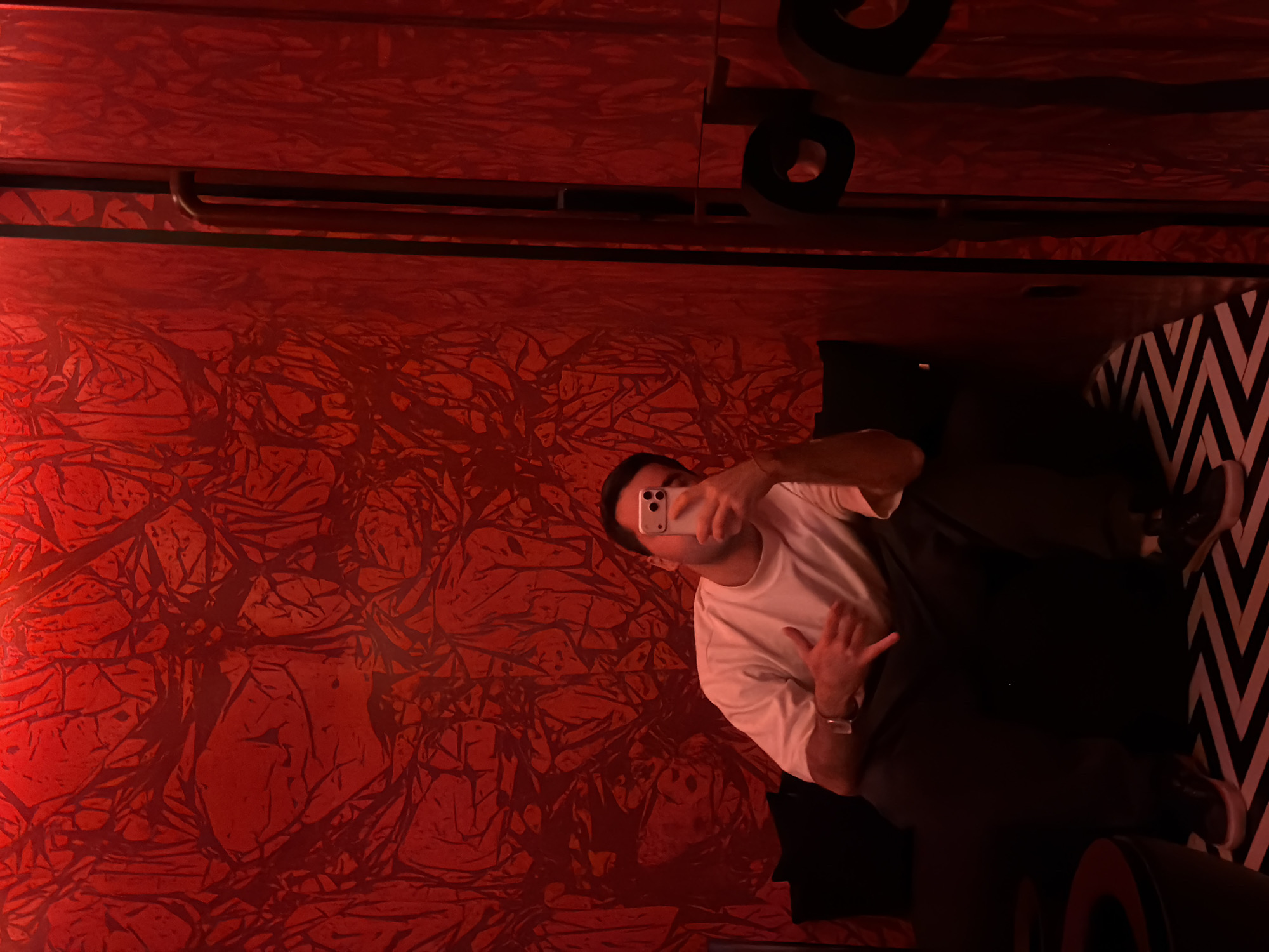 A man is taking a selfie in a room with red walls with a vine-like pattern. The room has a black and white chevron pattern on one wall, and dark furniture. There are large, dark, cylindrical objects in the foreground. The location may be in Moscow, Russia.