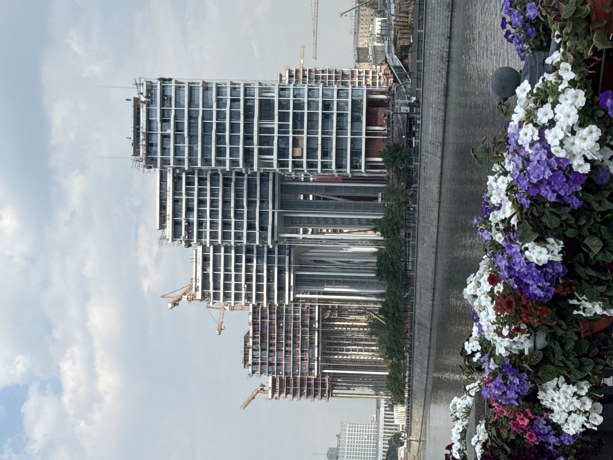 This is a medium-shot, vertical, eye-level, outdoor photograph taken on a slightly overcast day in Moscow, Russia. The foreground is filled with vibrant, colorful flowers, predominantly purple and white petunias, with some red and pink accents, arranged in planters. Behind the flowers, a calm, grey river flows, reflecting the sky. In the mid-ground, a modern, multi-story building complex is under construction, featuring a series of tall, white, rectangular structures with visible scaffolding and cranes. These buildings are characterized by their glass facades and are supported by numerous slender columns on lower levels. Further back, another white building, possibly a government building or administrative center, is visible on the left, along with more construction equipment and trees lining the riverbank. The background shows a hazy cityscape with other buildings and structures, indicating an urban environment. The overall scene depicts a city undergoing development, with nature elements in the foreground contrasting with the modern architecture and construction.