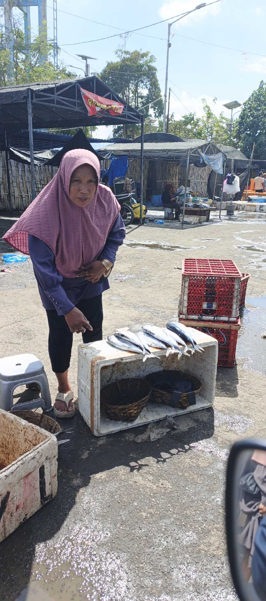In Puger, Indonesia, a woman wearing a pink headscarf and a dark blue shirt stands in a wet, open-air market, pointing at a display of fish. She is positioned in front of a white styrofoam cooler containing two woven baskets, with several fish laid out on top of the cooler. Next to the cooler is a small white plastic stool. Behind her, several market stalls with dark canopies and bamboo walls are visible, along with more baskets and crates. A red crate is stacked on top of another red crate to the right of the cooler. The ground is damp and appears to be concrete, with puddles reflecting the sky. In the background, trees and utility poles are present, suggesting an outdoor, possibly semi-rural setting within the city. A motorcycle with a yellow bag is parked to the left in the mid-ground. The woman's expression is directed towards the camera.