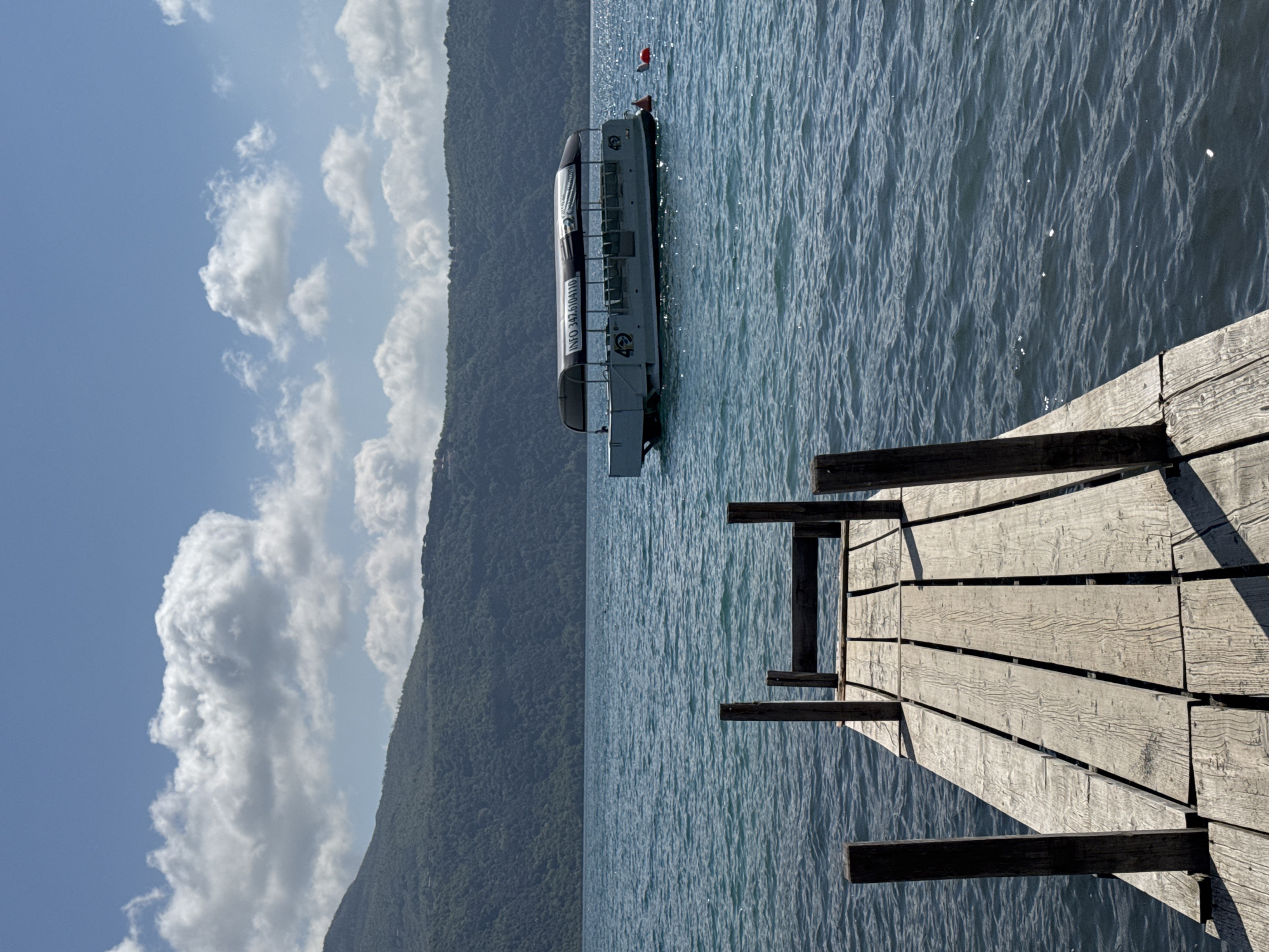 The image captures a peaceful lakeside scene, likely Lake Albano in Castel Gandolfo, Italy. A sturdy wooden pier extends from the right side of the frame into the water, with clear sunlight casting distinct shadows across its planks.
A white and gray passenger boat, possibly a tour boat, floats stationary in the blue-green water in the middle ground. On the side of the boat, the text "INFO 347.6104110" is clearly visible, accompanied by a circular logo that appears to be a stylized 'C' or similar graphic. A small red buoy is also present in the water near the boat.
The water surface is gently rippled, reflecting the bright daylight. In the background, a large, forested mountain range rises from the far side of the lake, its slopes covered in dense, dark green trees. Above the mountains, the sky is a clear, light blue with scattered, fluffy white cumulus clouds.
The time of day appears to be midday or early afternoon, indicated by the bright sunlight and prominent shadows. The weather is sunny with scattered clouds. No people are visible, lending a serene and tranquil atmosphere to the scenic location, which is typical of a recreational or tourist area.