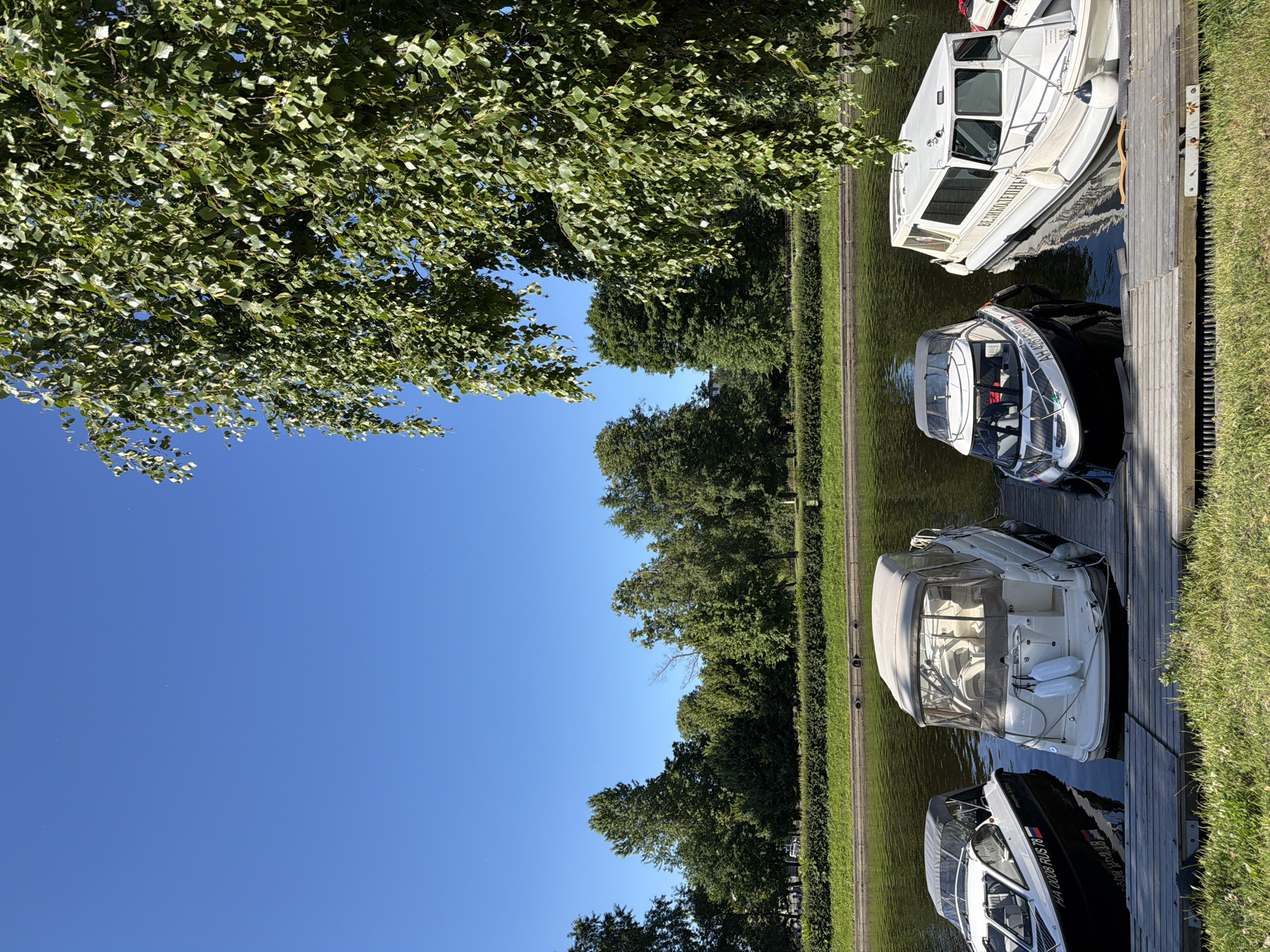 This is a vertical, eye-level, outdoor shot of a canal lined with trees and grass, featuring several motorboats docked alongside a wooden pier. The sun is shining brightly, casting a warm light on the scene, suggesting it is daytime. The sky is a clear, vibrant blue, indicating fair weather.
The main subjects are the motorboats, all appearing to be leisure craft, docked neatly in a row. The closest boat to the viewer is black with silver accents and white lettering. To its right, a larger white boat with dark tinted windows is docked. Further along the pier, two more white boats are visible, one with a light-colored canopy. The boats are the primary focus, with the canal's water reflecting the boats and the surrounding greenery.
The setting is a canal in Saint Petersburg, Russia, evidenced by the presence of docked boats, a manicured canal edge with grass and a hedge, and mature trees lining the bank. The presence of multiple boats suggests a marina or a popular docking area. The overall atmosphere is peaceful and idyllic, evoking a sense of leisure and a pleasant summer day.
Visible text on the boats includes what appears to be Cyrillic lettering on the side of the black boat, reading "FIA 2008 877 RU". The white boat behind it has Cyrillic lettering that appears to read "ВЕЛИКОЛЕПИЕ" (Velikolepiye), which translates to "Magnificence."