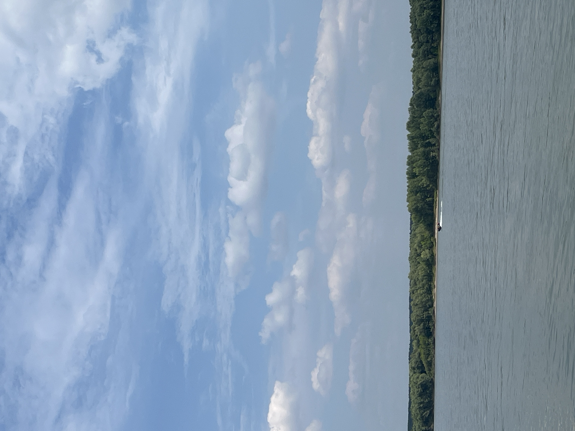 An outdoor, vertical, eye-level, full shot captures a body of water with a distant tree line under a cloudy blue sky. The water fills the bottom half of the frame and appears calm with slight ripples. A dark, low-lying object, possibly a small boat or jet ski, is visible on the right side of the water, moving away from the viewer and creating a wake. The far bank is lined with a dense forest of green trees. The sky above is a light blue, dotted with various white clouds. The scene depicts a natural landscape, likely a river or lake, on a bright day. This location is identified as Mochishche, Russia.