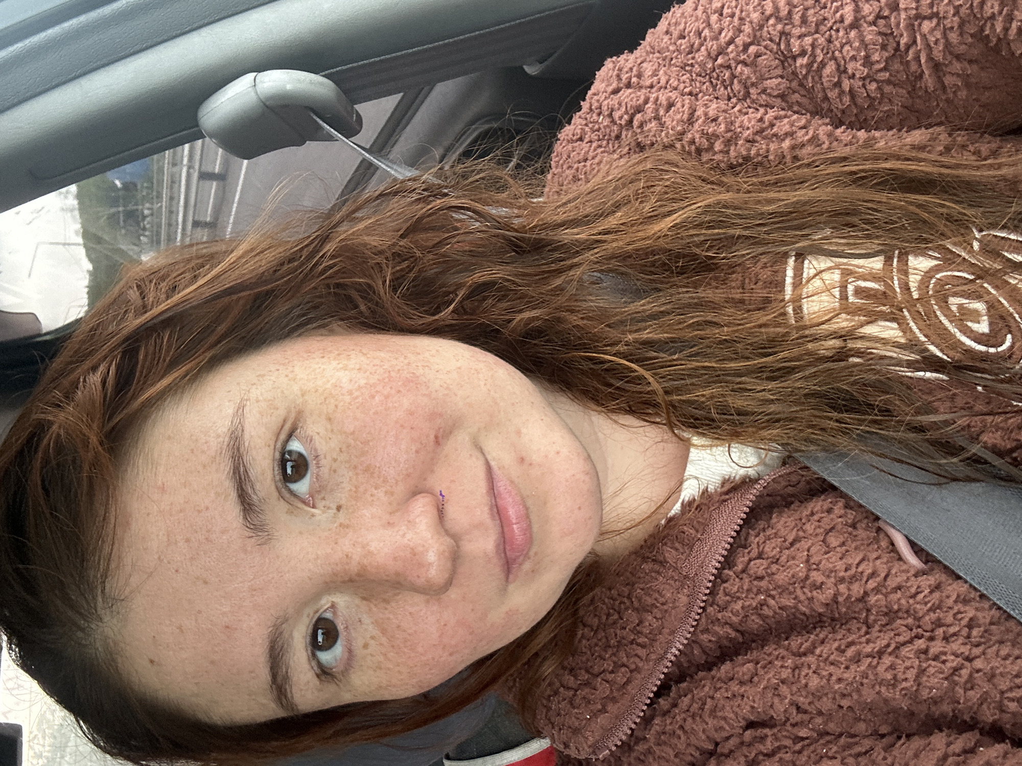 A young woman with reddish-brown hair and freckles is sitting in the passenger seat of a car. She is wearing a brown fleece jacket over a white shirt. Her head is turned towards the camera, and she is looking directly at it. The background shows a highway with trees and a cloudy sky. The seatbelt is visible across her chest. The image appears to be taken from inside the car, looking out.
