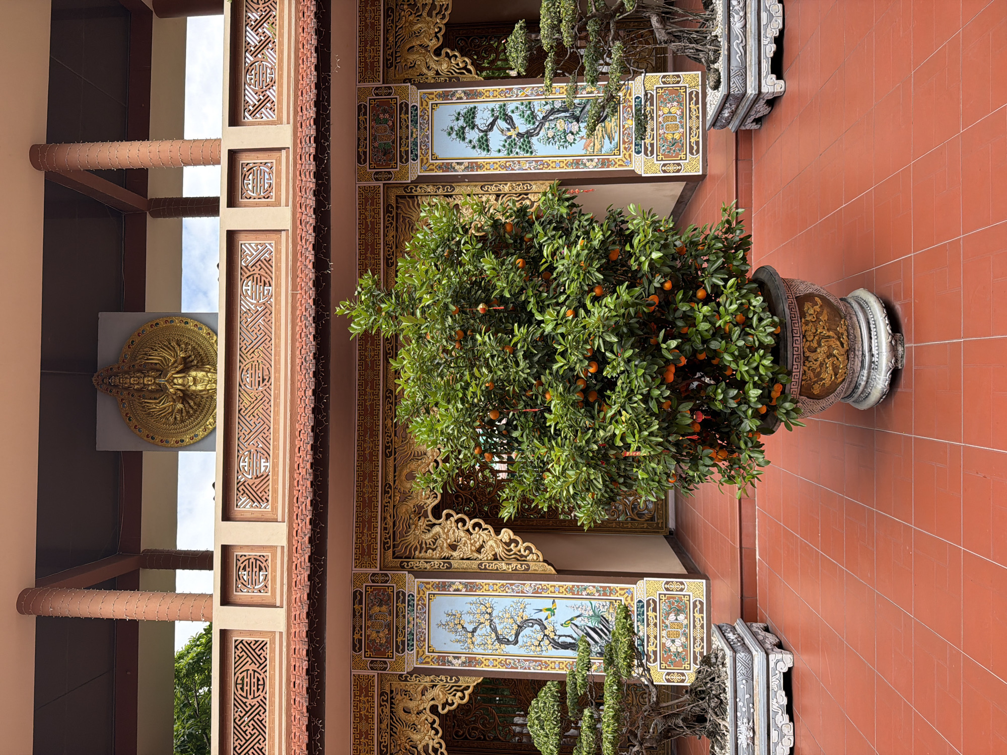 This image depicts the exterior courtyard of a Buddhist temple in Hoi An, Vietnam. In the center, a large potted kumquat tree, laden with ripe orange fruit, stands on a reddish-orange tiled floor. Flanking the tree are two bonsai trees in decorative planters. Behind the kumquat tree, the facade of the temple is visible, featuring ornate golden carvings and decorative panels with painted scenes of nature, including birds and trees. A large, golden statue of a multi-armed deity is mounted above the entrance. The architecture suggests a traditional Vietnamese Buddhist style with tiled roofs and intricately decorated columns. The environment appears to be an open, outdoor space, with some sky visible in the background.