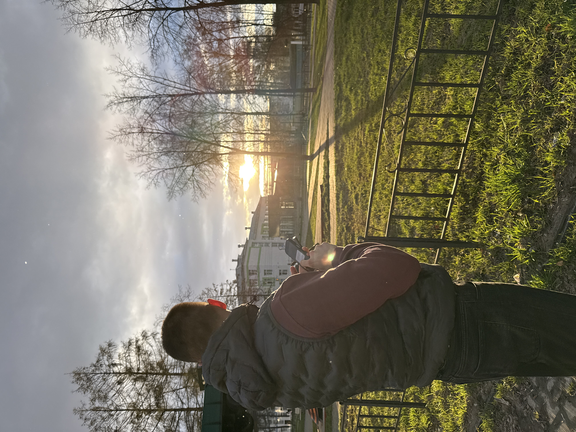 The image depicts a person viewed from behind and slightly to the side, standing outdoors in what appears to be a park or open recreational area. The individual is wearing a dark grey padded vest over a reddish-brown long-sleeved shirt and dark pants. They are holding a dark-colored smartphone with both hands, positioned as if taking a photograph or video.
The scene is dominated by the warm, low light of the setting sun, which is visible as a bright golden orb in the mid-ground, casting strong lens flares around the smartphone. The sun backlights numerous bare trees, suggesting late autumn, winter, or early spring. In the background, beyond the trees, several light-colored buildings with multiple windows are visible. The foreground and right side of the image feature vibrant green grass illuminated by the golden sunlight, creating long shadows. A black metal fence runs across the middle ground, separating the grass from a paved path that curves through the scene. The sky is partly cloudy, with rays of sunlight breaking through.
On the smartphone held by the person, some indistinct white text or labels can be observed on the device itself or its screen, but it is not legible. The overall atmosphere is serene, captured during the golden hour, with the person seemingly engrossed in documenting the sunset.
