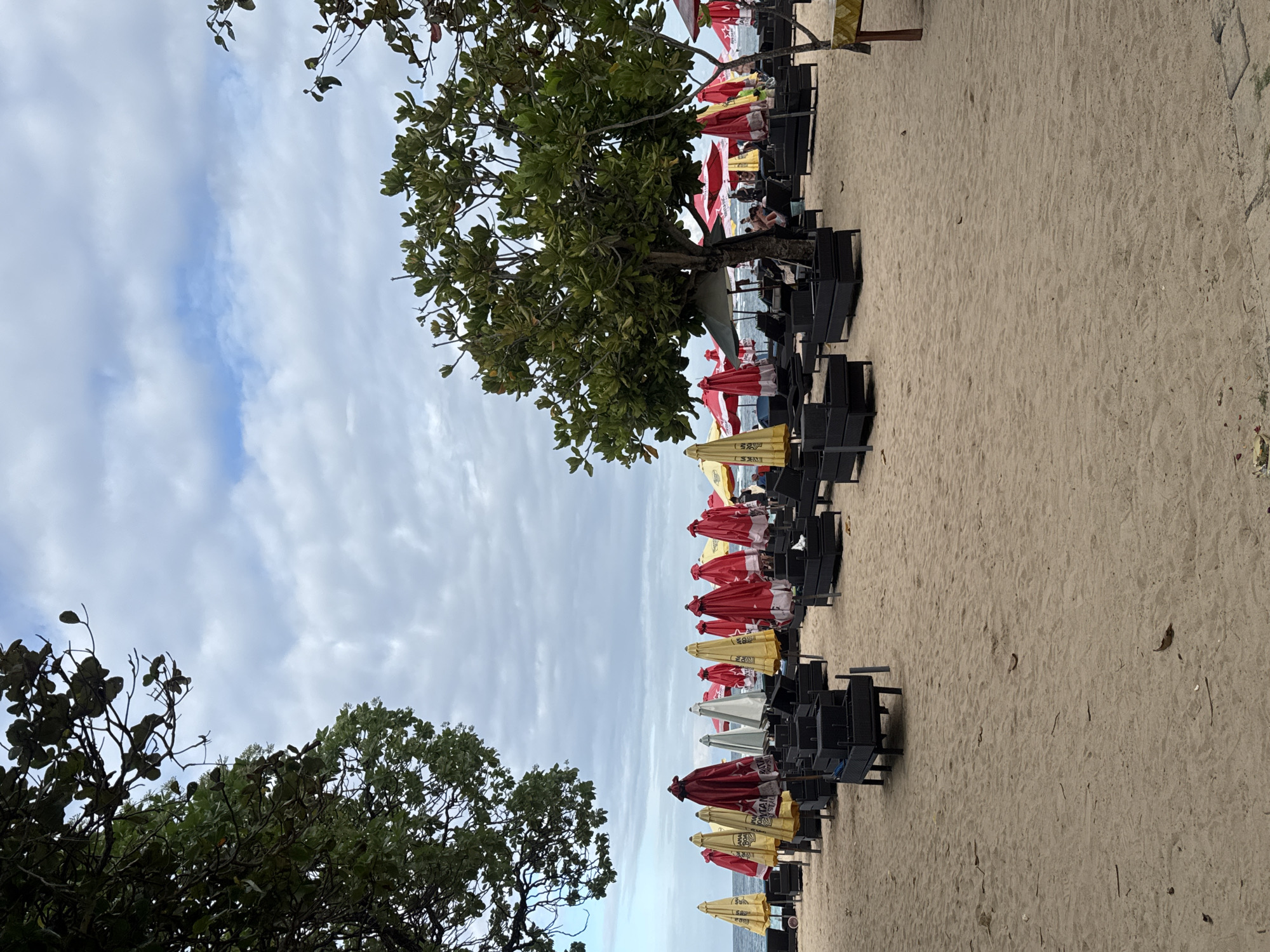 A serene beach scene unfolds in Kuta Selatan, Indonesia, under a cloudy sky. The sandy expanse is dotted with an array of beach loungers and umbrellas, suggesting a popular tourist spot. Several black loungers are arranged in neat rows, some with low tables, while a multitude of umbrellas, predominantly in shades of red, yellow, and white, are open or closed, providing shade. Some umbrellas are branded with logos, hinting at nearby establishments. A large tree with lush green foliage stands prominently on the right side of the image, offering natural shade. In the background, glimpses of the ocean and people enjoying the beach can be seen. The overall atmosphere is one of relaxation and leisure.