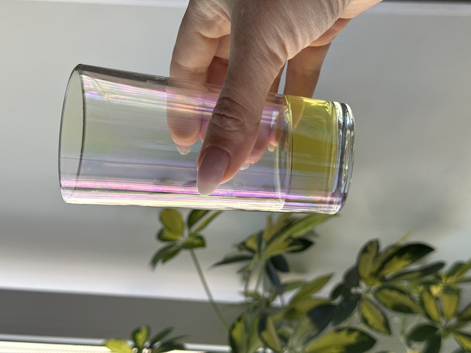 A hand holds a clear, iridescent glass. The glass is cylindrical in shape. The hand is fair-skinned with light pink nail polish. Behind the glass and hand, a plant with green and yellow leaves is visible. The background appears to be a wall, possibly near a window, with natural light illuminating the scene. The location is not identifiable as Chaikovsky, Russia.