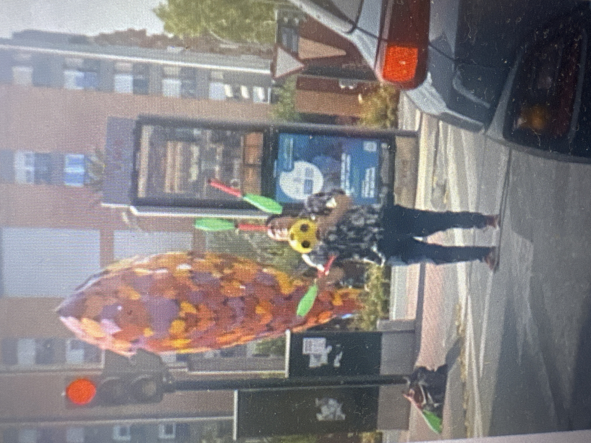 A person is juggling with multiple colorful objects in an outdoor urban setting. The person is wearing dark pants and a dark top with a checkered pattern. They are also wearing a yellow object on their head that appears to be a ball. The juggling objects are long and thin with green and red ends. One large, colorful object is also present, appearing to be a kite or a parachute with an abstract pattern of orange, purple, and yellow.
The scene appears to be a street with buildings in the background. There is a traffic light visible, which is currently red, suggesting it's daytime. A car is parked on the right side of the image. The background shows buildings with windows and some greenery, indicating a developed area. The presence of a bus stop shelter is also suggested by the structure behind the person. The lighting and shadows indicate it is daytime, likely sunny. The overall atmosphere seems to be one of entertainment or street performance.