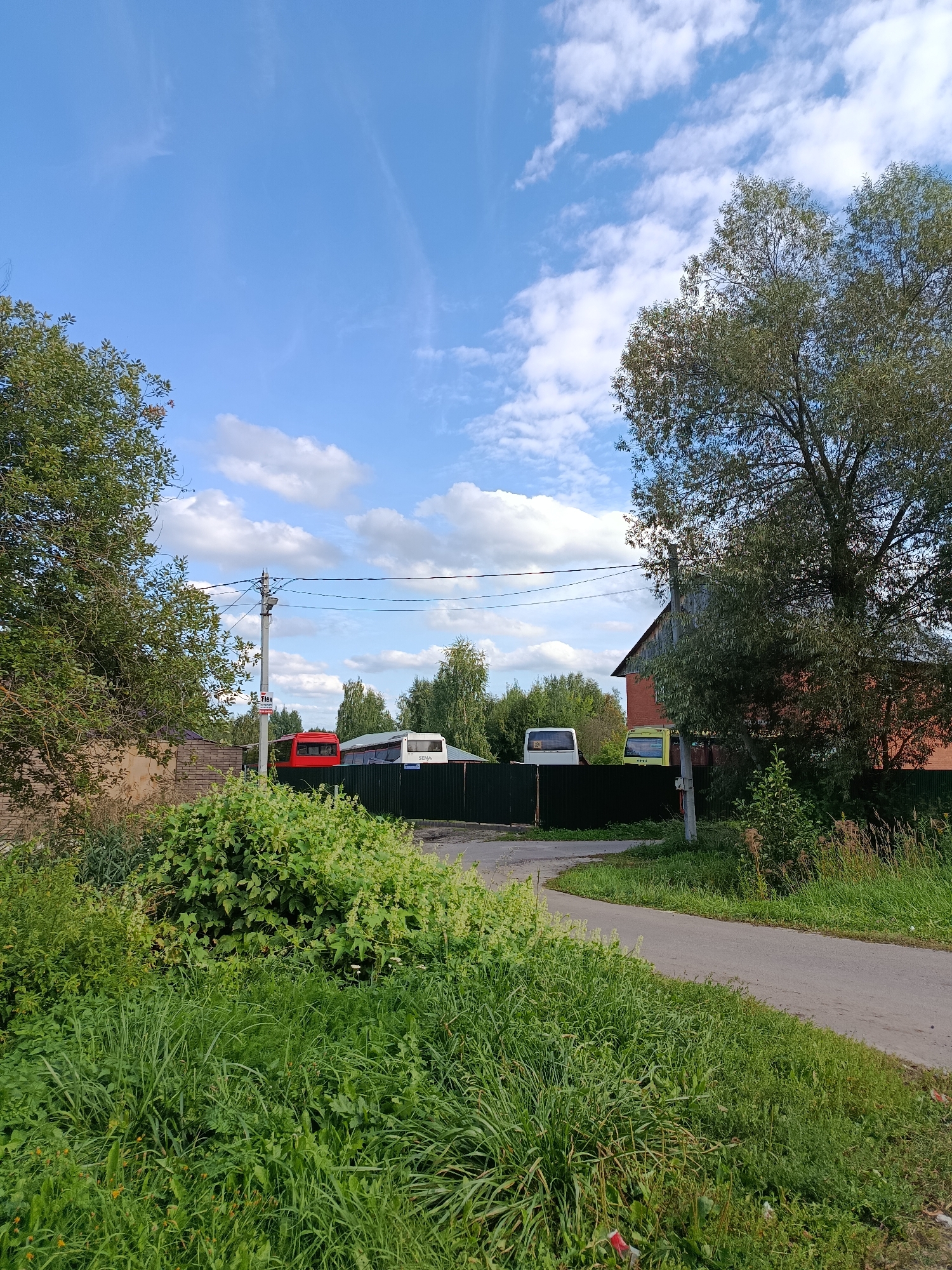 The image depicts a scene in the city of Vereya, Russia, featuring a road curving through a rural or semi-rural environment. On the left side of the road, dense green vegetation, including tall grasses and a large bush, dominates the foreground. A brick wall and a large tree with dense foliage are visible behind the vegetation. A utility pole with wires runs across the scene.
Beyond the vegetation and wall, several buses are parked in a lot behind a dark green metal fence. One bus is red, and two appear to be white or light-colored. A red brick building with a dark roof and some wooden siding is situated on the right side of the image, partially obscured by a large tree. The sky is a clear blue with scattered white clouds. The overall impression is one of a quiet, possibly disused area, with a mix of natural elements and man-made structures. There are no people or animals visible in the image, and no actions or interactions are taking place.