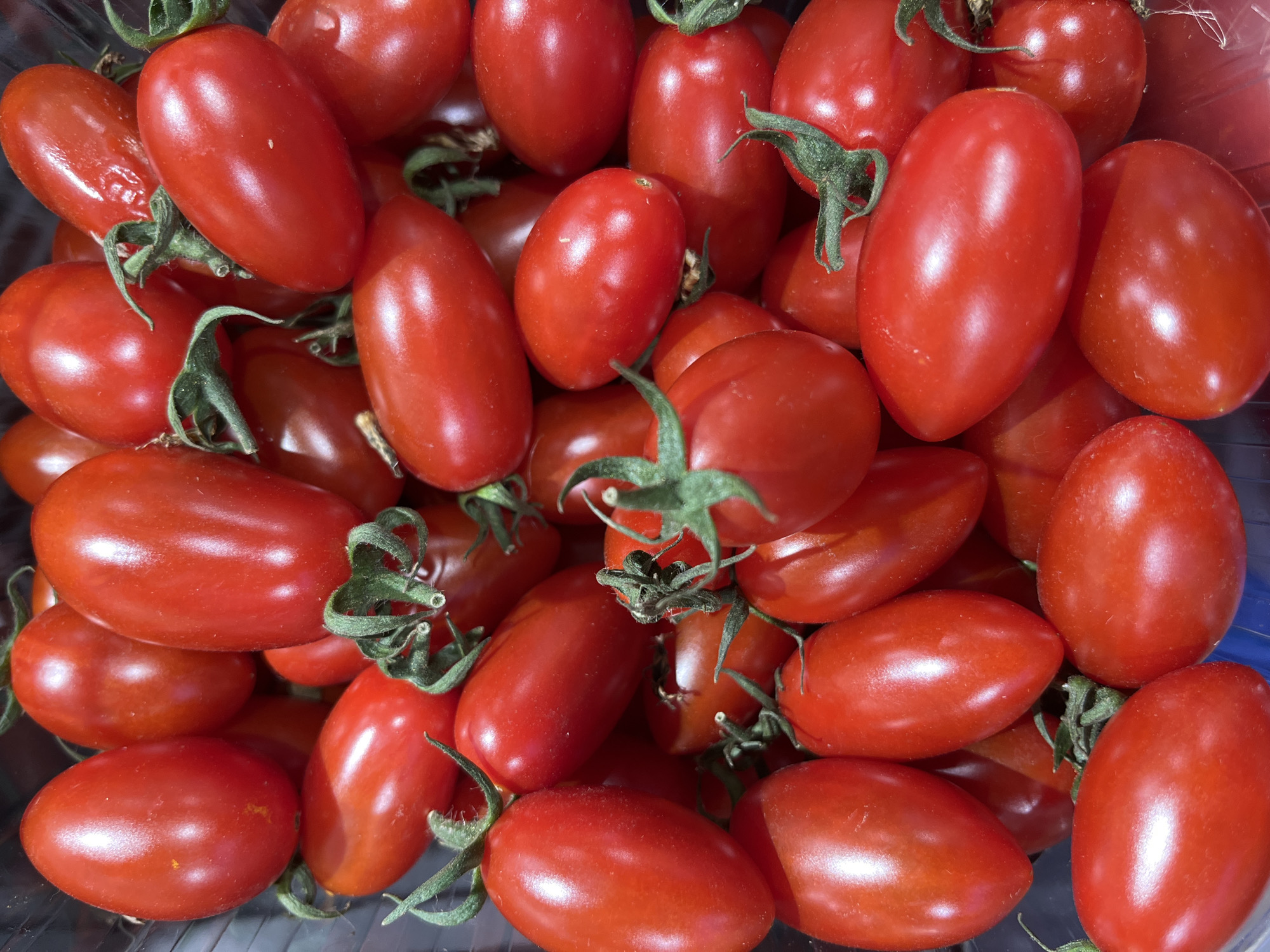 A close-up, overhead shot captures a plastic container filled with ripe, red cherry tomatoes. The tomatoes are plump and oval-shaped, with smooth, glossy skins that reflect the light. Some have green stems attached, adding a touch of contrasting color. The majority of the tomatoes are clustered together, creating a vibrant and textured surface. There are no people, animals, or any recognizable landmarks visible in the image. The scene appears to be a simple, well-lit arrangement of fresh produce, likely in a market or grocery store setting. The location in Astana, Kazakhstan, is not discernible from the visual information provided.