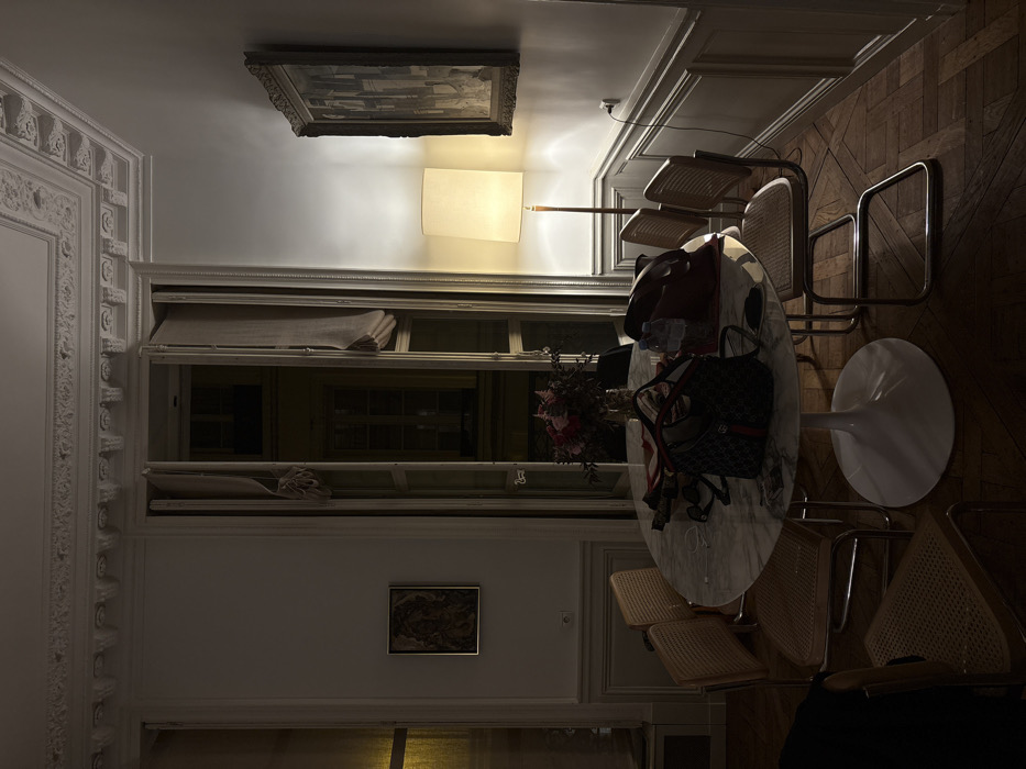 The scene depicts a dimly lit interior room, likely an apartment within Paris, France, identifiable by its Haussmannian architectural elements including high ceilings with ornate plaster moldings, tall French windows, parquet flooring, and classic wall paneling. No individuals are present.
In the center of the room, an oval white marble-topped table with a white pedestal base is surrounded by several chairs featuring light cane backs and seats with chrome frames. On the table, various personal items are scattered, including a dark patterned handbag with visible branding, a brown leather bag, a clear plastic water bottle, and a vase containing a bouquet of pink and red flowers.
The room is illuminated primarily by an upright floor lamp with a rectangular off-white shade, positioned in the right corner. Its light casts shadows and highlights parts of the white walls and decorative moldings. Through the open double-door French windows, an exterior view of another building with illuminated windows at night is visible, suggesting an urban setting after dusk.
Two framed artworks adorn the walls: a smaller, darker-toned piece on the left wall, and a larger, ornately framed painting or tapestry depicting multiple figures in a classical style on the right wall. The overall environment suggests a state of temporary disuse or recent activity within a classically styled residential space.