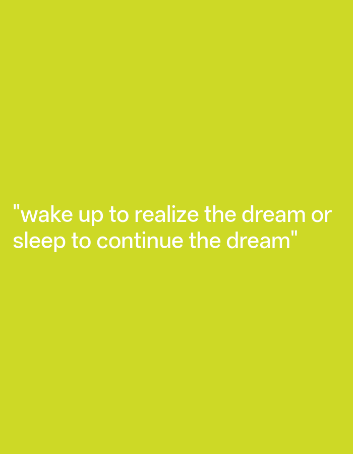 The media file is a digital image with a solid, bright lime green background. Centered on the lower half of the image are two lines of white text. The text reads: "wake up to realize the dream or sleep to continue the dream". The font is sans-serif and appears bold. There are no other objects, people, or scene elements visible in the image. The context provided for Payagaboh, Indonesia does not appear to be visually represented in the image itself. Therefore, details regarding time of day, weather, location cues, or emotions are not applicable based solely on the visual content.