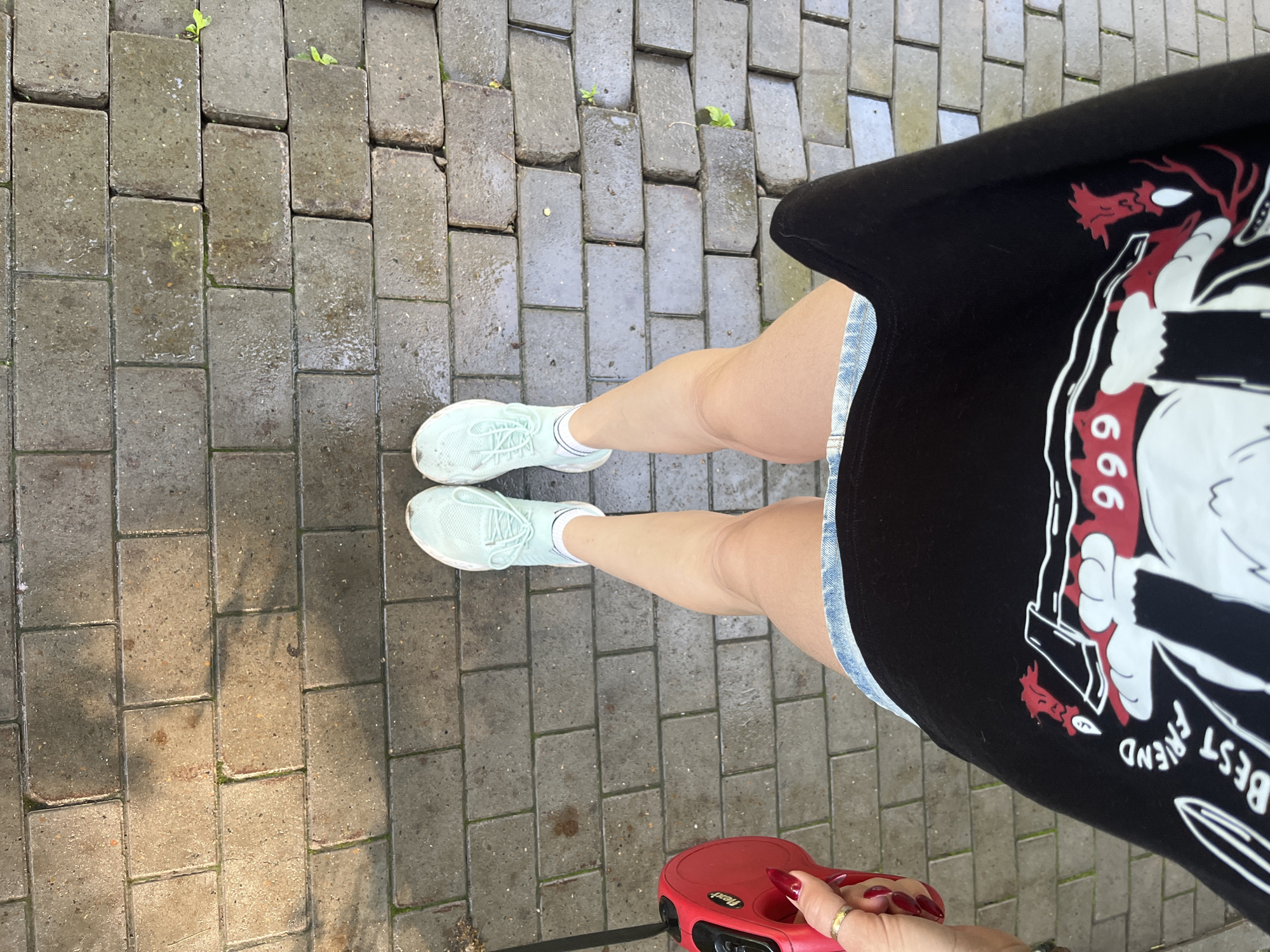 An overhead shot shows a person standing on a gray brick pathway. The person is wearing light blue athletic shoes and a black t-shirt with a graphic print. A red retractable dog leash is held in the person's left hand, with their fingernails painted red. The pathway shows evidence of recent rain, with some bricks appearing wet and reflecting light. Sunlight casts shadows across the bricks from the left.