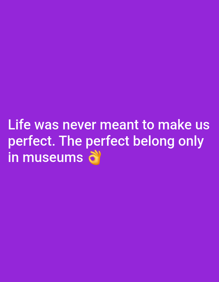 The image contains text overlaid on a solid purple background. The text reads, "Life was never meant to make us perfect. The perfect belong only in museums". To the right of the word "museums" is a hand gesture emoji with the thumb and index finger forming a circle. The image does not contain any information that would allow for a description of a location in the city of Prešov, Slovakia, nor does it depict any people, subjects, objects, or actions.