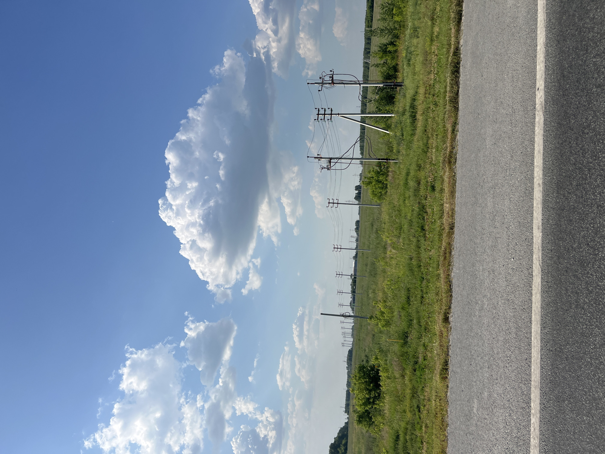 The image depicts a rural roadside scene with a clear blue sky filled with fluffy white clouds. In the foreground, a grey asphalt road with a white line marking its edge runs horizontally across the bottom of the frame. Beyond the road, a field of tall green grass stretches into the distance, dotted with various bushes and trees. A line of utility poles with electrical wires crisscrosses the field, extending towards the horizon. The overall environment suggests a sunny day in a natural, undeveloped area, likely outside of a dense urban setting.