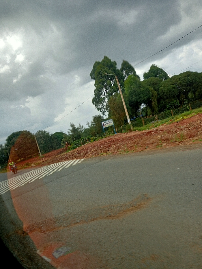 The image presents an outdoor street scene in Karatina, Kenya, under a heavily overcast sky. The sky is dominated by thick, dark grey clouds, suggesting a dull, possibly rainy, daytime.
In the foreground, an asphalt road stretches across the frame, angling slightly upwards towards the right. A prominent white zebra crossing with broad diagonal stripes is visible on the left side of the road. The road surface shows distinct reddish-brown streaks and patches, likely dirt or mud, particularly in the lower-center and foreground areas.
On the far left, a motorcycle with a rider is partially visible near the zebra crossing, hinting at traffic. The perspective suggests the photo was taken from a vehicle, with a slight reflection or part of the vehicle's interior visible in the bottom-left corner, slightly obscuring the motorcycle.
To the right of the road, an elevated bank of reddish-brown soil is present, featuring some sparse green vegetation. Behind this bank, a dense line of various green trees forms a prominent backdrop, including tall, slender trees resembling eucalyptus, alongside shorter, bushier foliage. A light-colored utility pole stands upright on the right, supporting power lines that traverse the mid-ground.
A blue and white signboard is visible near the utility pole. Although slightly blurry, the text on the sign can be deciphered as "AL-SHAFAI HOSPITAL" and "KARATINA", confirming the location and indicating the presence of a medical facility.
The overall atmosphere is muted due to the heavy cloud cover, characterizing a typical overcast day. The scene primarily captures a snapshot of a road with surrounding natural and man-made elements.