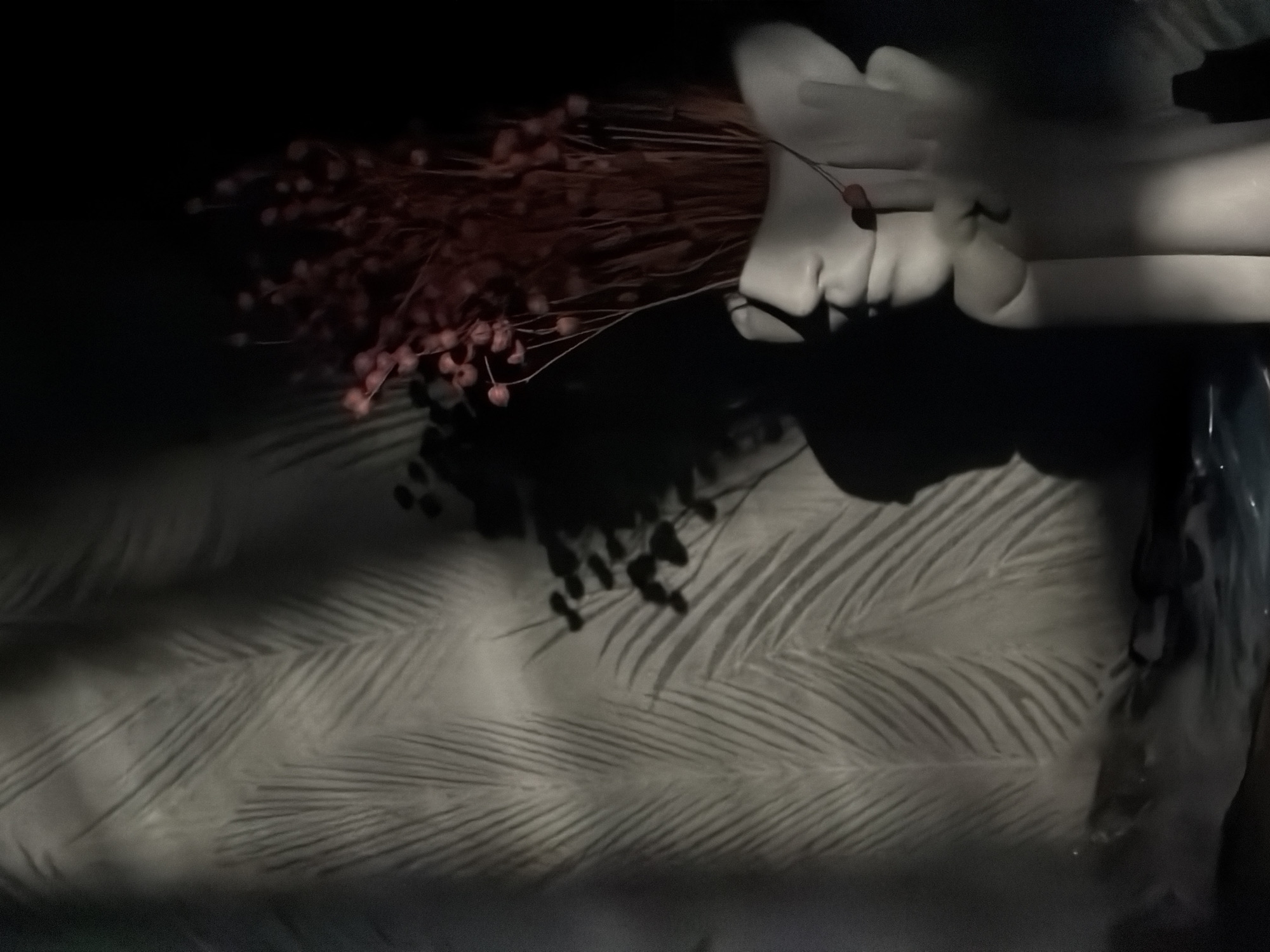 The image shows a dimly lit scene, possibly indoors. A bouquet of dried flowers with small pink berries is placed near a white, figurine that appears to be lying on its side. The background features a gray surface with a feather-like pattern. The shadows of the flowers and the figurine are visible on the surface. The image does not provide enough information to determine if the location is Koltushi, Russia.