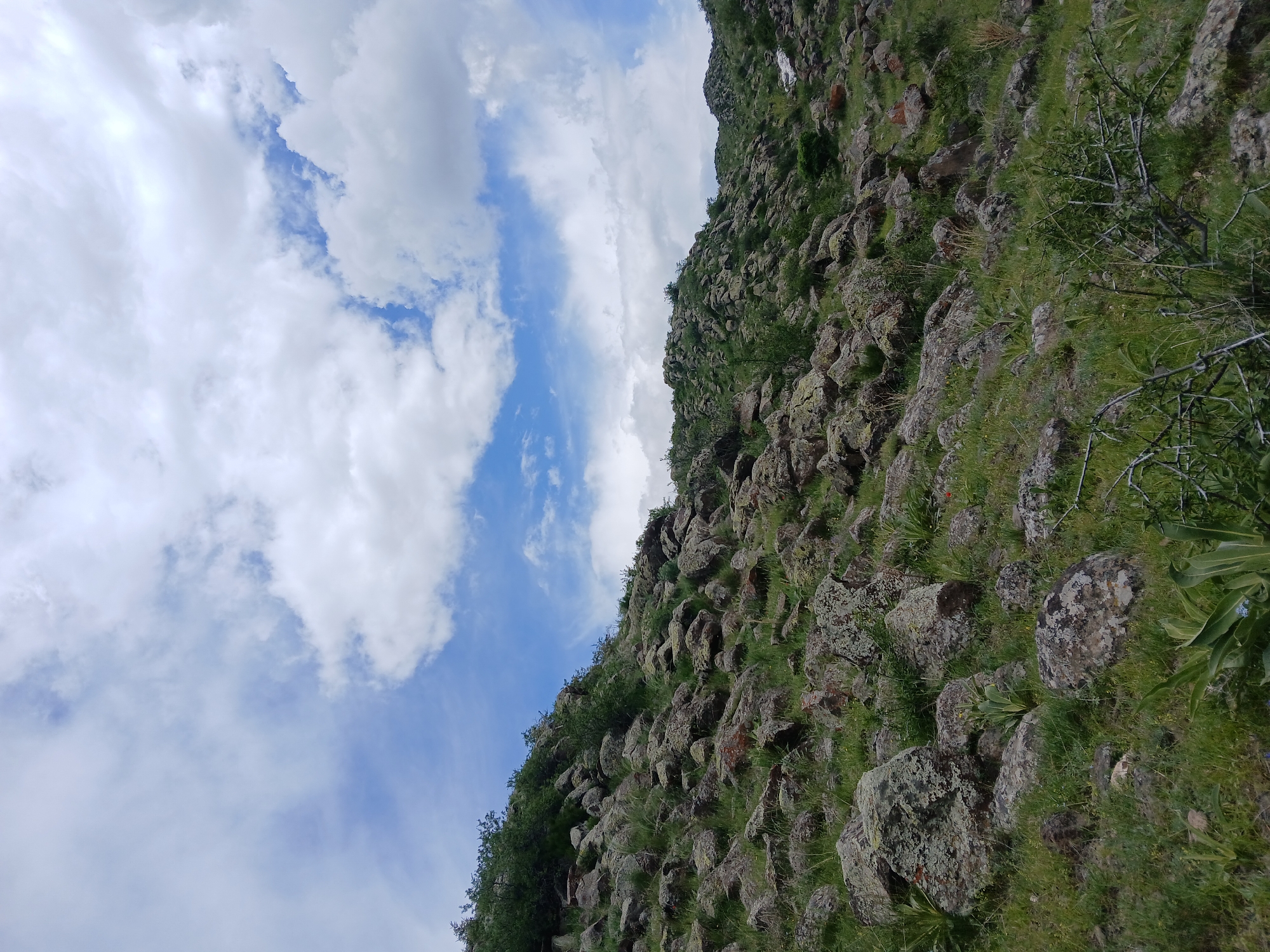 The image depicts a rocky hillside in the city of Tlik, Armenia, ascending diagonally from the lower right to the upper left. The hillside is covered in rocks of varying sizes, interspersed with patches of green grass and small shrubs. The sky above is partly cloudy, with patches of blue visible through the white clouds. There are no people visible in the scene. The focus is on the natural environment, specifically the rocky hillside and the sky.