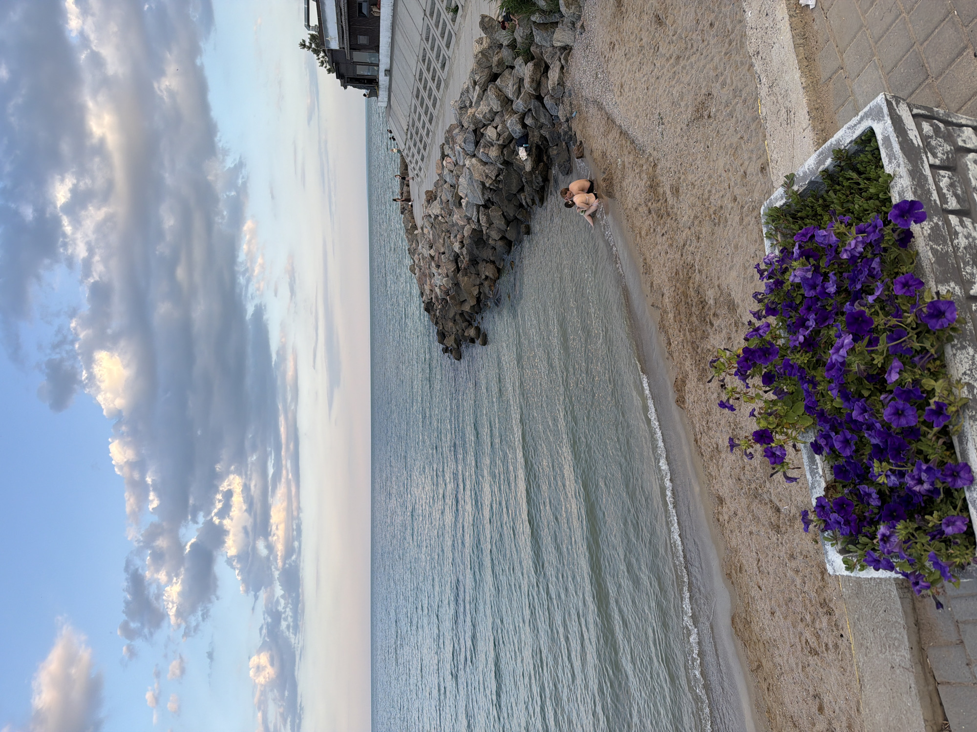 In Fontanka, Ukraine, a serene coastal scene unfolds. The sky above is a canvas of pale blue, streaked with soft, textured clouds, hinting at the approach of evening. The sea, a tranquil expanse of muted turquoise and grey, gently laps at a sandy shore. In the foreground, a concrete planter overflows with vibrant purple petunias, their blossoms a striking contrast to the muted tones of the beach and sea.
Further along the shore, a protective breakwater made of large, grey rocks juts into the water. On the sand near the water's edge, a couple sits close together, appearing to be in an intimate embrace. Beyond them, the breakwater is lined with a paved walkway and a low, modern building, possibly a cafe or restaurant, with people visible on its upper level. The scene captures a moment of peaceful leisure at the seaside.