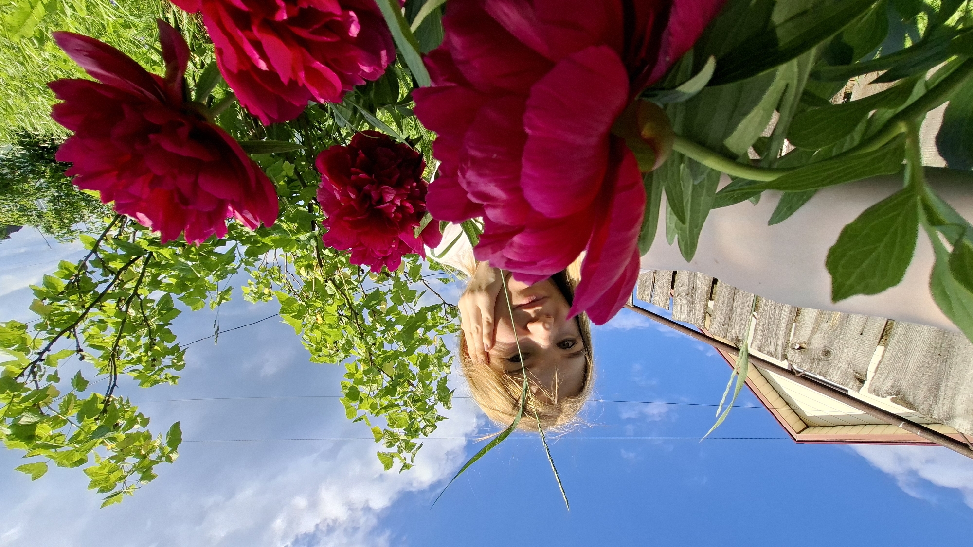 An outdoor, low-angle, wide shot captures a young blonde woman with fair skin, in her late teens or early twenties, posing for a selfie in a garden. Her left hand is placed on her cheek, and she is looking towards the camera with a neutral expression. She has blonde hair and is wearing a white shirt. In the foreground, large, vibrant pink peonies are in bloom, with green leaves and stems visible. Behind the woman, a weathered wooden fence runs horizontally across the frame, and a portion of a house with a red roof is visible in the upper left corner. Lush green foliage, including bushes and trees, fills the background. The sky is bright blue with scattered white clouds. The scene appears to be in a residential area, possibly a dacha or private garden, given the fence, house, and garden elements. The location is identified as Bolshoy Bukor, Russia.