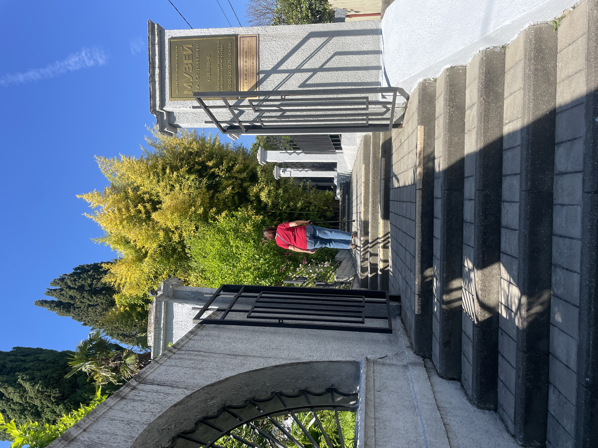 This image captures the sunny entrance of the N.A. Ostrovsky Literary-Memorial Museum in Sochi, Russia. A person, seen from behind in a red shirt and blue jeans, stands on a flight of grey concrete steps leading up to the museum building. Strong, angular shadows from an ornate black metal railing fall across these steps.
The museum's entrance features a light-colored, textured wall. A prominent gold plaque displays the text "ЛИТЕРАТУРНО-МЕМОРИАЛЬНЫЙ МУЗЕЙ Н.А. Островского" (Literary-Memorial Museum of N.A. Ostrovsky) and a phone number, "Т. 262-20-15". Below this, a smaller sign announces, "МУЗЕЙ ПРИНИМАЕТ ПОСЕТИТЕЛЕЙ ЕЖЕДНЕВНО, КРОМЕ СРЕДЫ" (The museum welcomes visitors daily, except Wednesdays), specifying hours "с 10.00 до 17.30 часов" (from 10:00 to 17:30 hours). Another sign further to the right, partially visible, indicates additional hours "с 12.00 до 20.00 часов" (from 12:00 to 20:00 hours).
The scene is framed by vibrant green and bright yellow-green foliage, including tall, dark green coniferous trees and palm fronds, typical of a warm, southern climate. The sky is a clear, brilliant blue with a faint white contrail. The bright sunlight and distinct shadows suggest it is daytime, likely mid-morning or afternoon. The overall setting is serene and inviting.