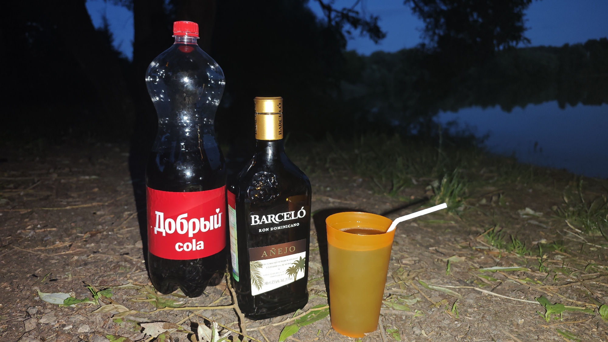 A bottle of "Добрый" cola and a bottle of Barcelo Anejo rum are placed on the ground near a body of water at dusk. A plastic cup filled with a brown liquid and a white straw sits to the right of the rum bottle. The scene appears to be outdoors, possibly in a park or by a lake, with trees and vegetation visible in the background. The overall atmosphere is dimly lit, suggesting it is evening or night. The location is specified as Aleksandrovo, Russia.
